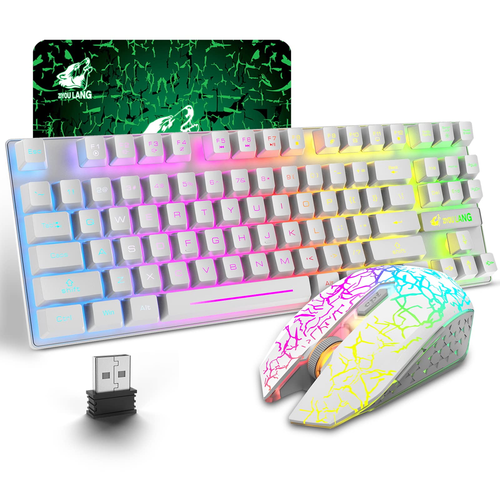 Kabellose Gaming-Tastatur und Maus, 87 Tasten, Regenbogen-LED-Hintergrundbeleuchtung, wiederaufladbar, 3800 mAh Akku, mechanisches Gefühl, Anti-Ghosting, ergonomisch, wasserdicht, RGB-Maus ((Weiß)