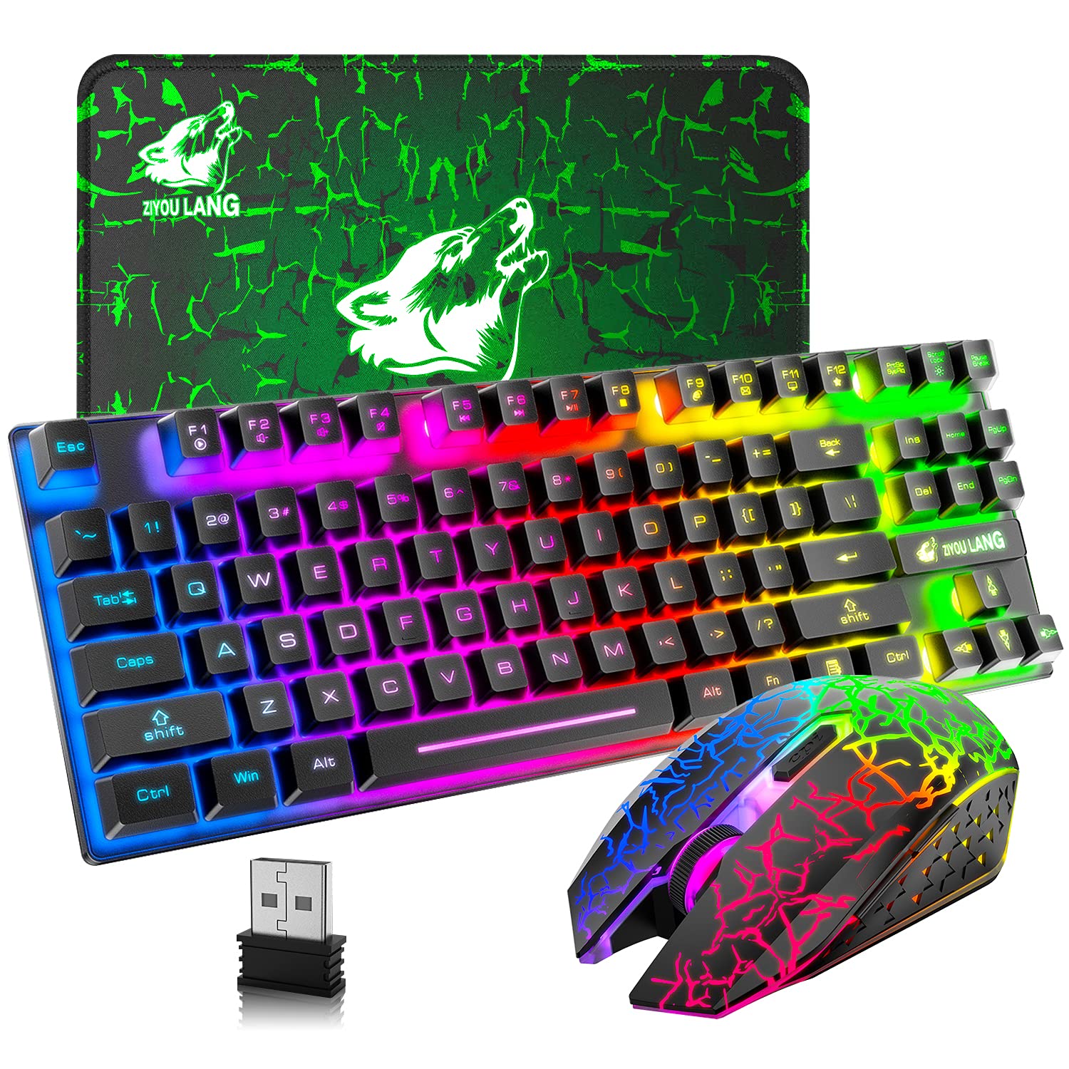 Kabellose Gaming-Tastatur und Maus, 87 Tasten, Regenbogen-LED-Hintergrundbeleuchtung, wiederaufladbar, 3800 mAh Akku, mechanisches Gefühl, Anti-Ghosting, ergonomisch, wasserdicht, RGB-Maus (schwarz)