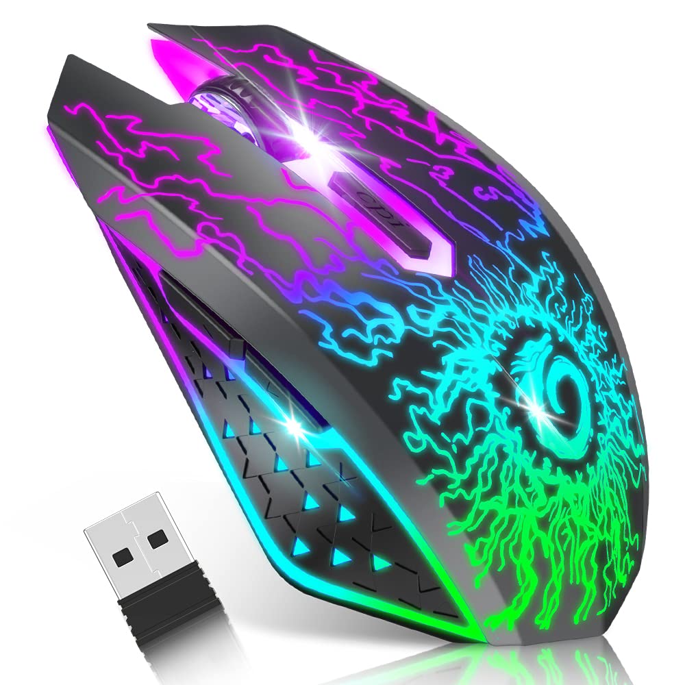 VersionTech Kabellose Gaming Maus, wiederaufladbare Computer Maus mit bunten LED Leuchten, leises Klicken, 2,4G USB Nano Empfänger, 3 DPI Stufen für PC Spieler Laptop Desktop Chromebook Mac Schwarz