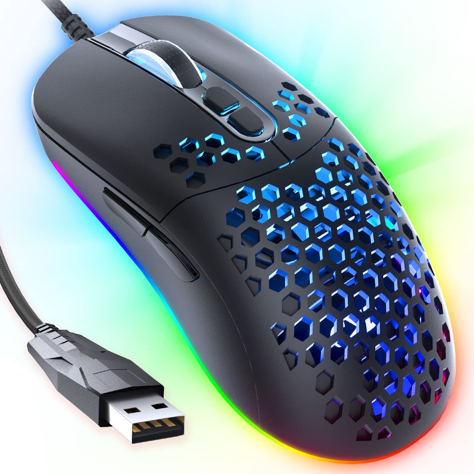 CYD C306 Kabelgebundene Gaming-Mäuse mit 7200 DPI Sensor, Gaming-Mäusen mit 2.5m Kabel, Gaming-Maus USB Anschluss PC/Notebook mit LED RGB-Beleuchtung