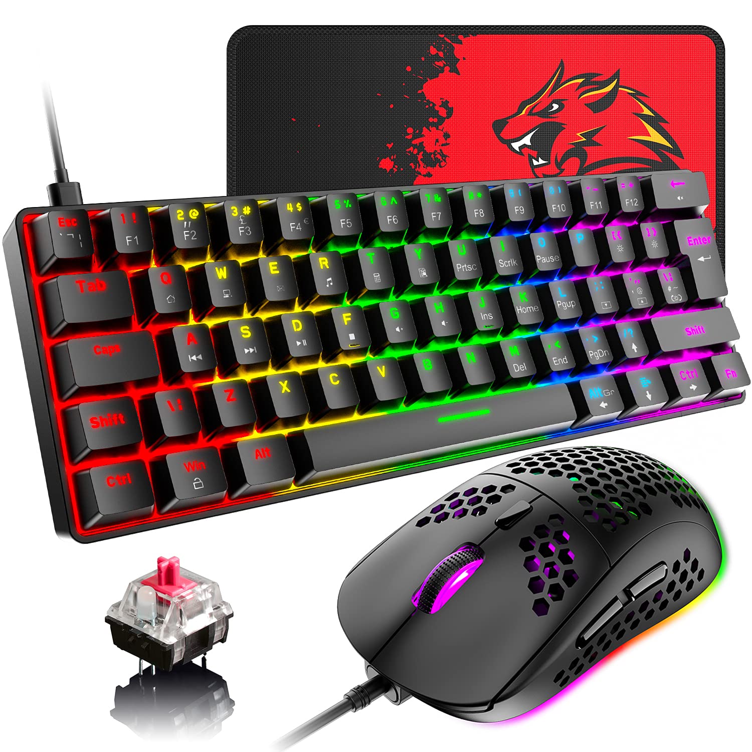 60 % kabelgebundene mechanische Gaming-Tastatur und Maus-Kombination, ultrakompakte Mini-62 Tasten, Typ C, 6400 dpi, leichte Gaming-Maus mit Wabenhülle für PC/Mac