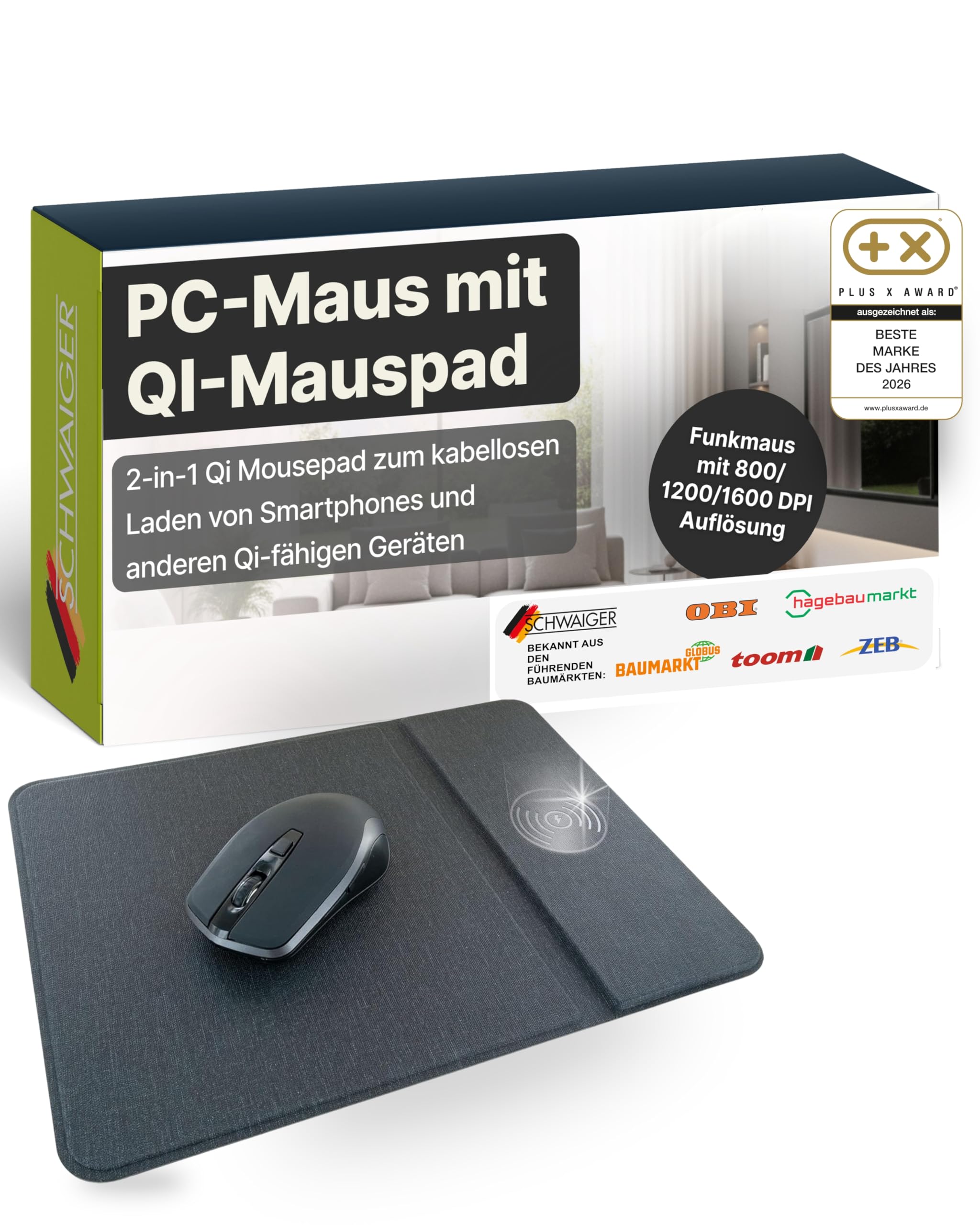 SCHWAIGER Kabellose PC-Maus mit QI-Mauspad I Computermouse mit Qi Ladepad I Funkmaus mit 800/1200/1600 DPI Auflösung I induktive Ladestation 10 W