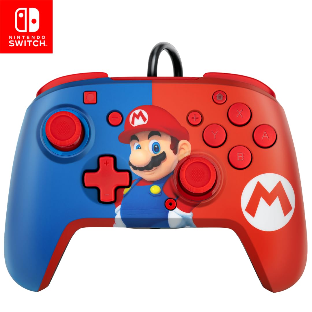 PDP Gaming Faceoff Deluxe+ verkabelt Switch Pro Controller - Offiziell lizenziert von Nintendo - Customizable gamepad buttons, sticks, triggers, and paddles - Ergonomic Controllers - rot/blau Mario