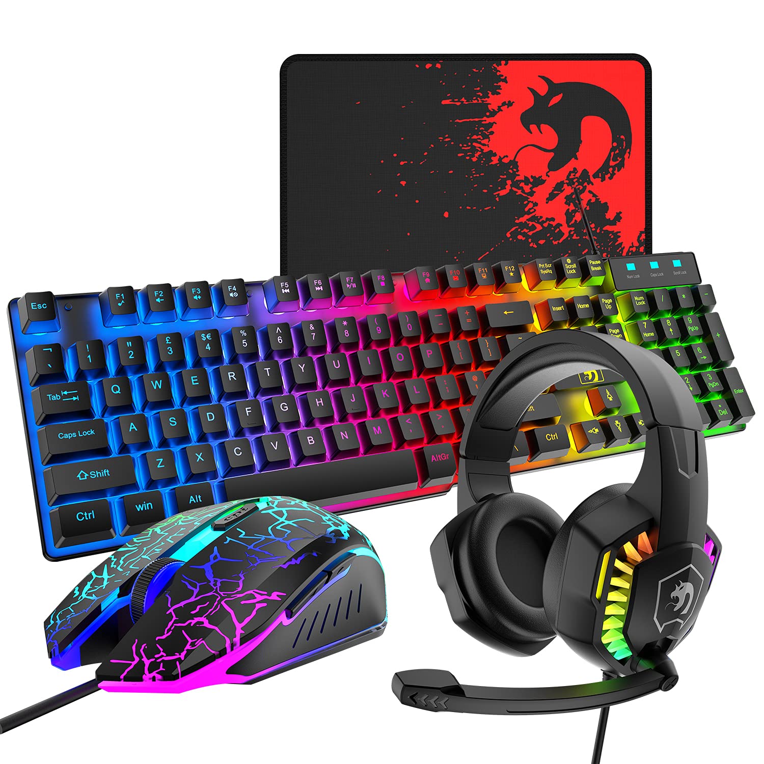 Kabelgebundene Gaming-Tastatur und Maus-Headset-Kombination, Regenbogen-LED-Hintergrundbeleuchtung, kabelgebundene Tastatur, Over-Ear-Kopfhörer mit Mikrofon, PS4, Xbox (schwarz)