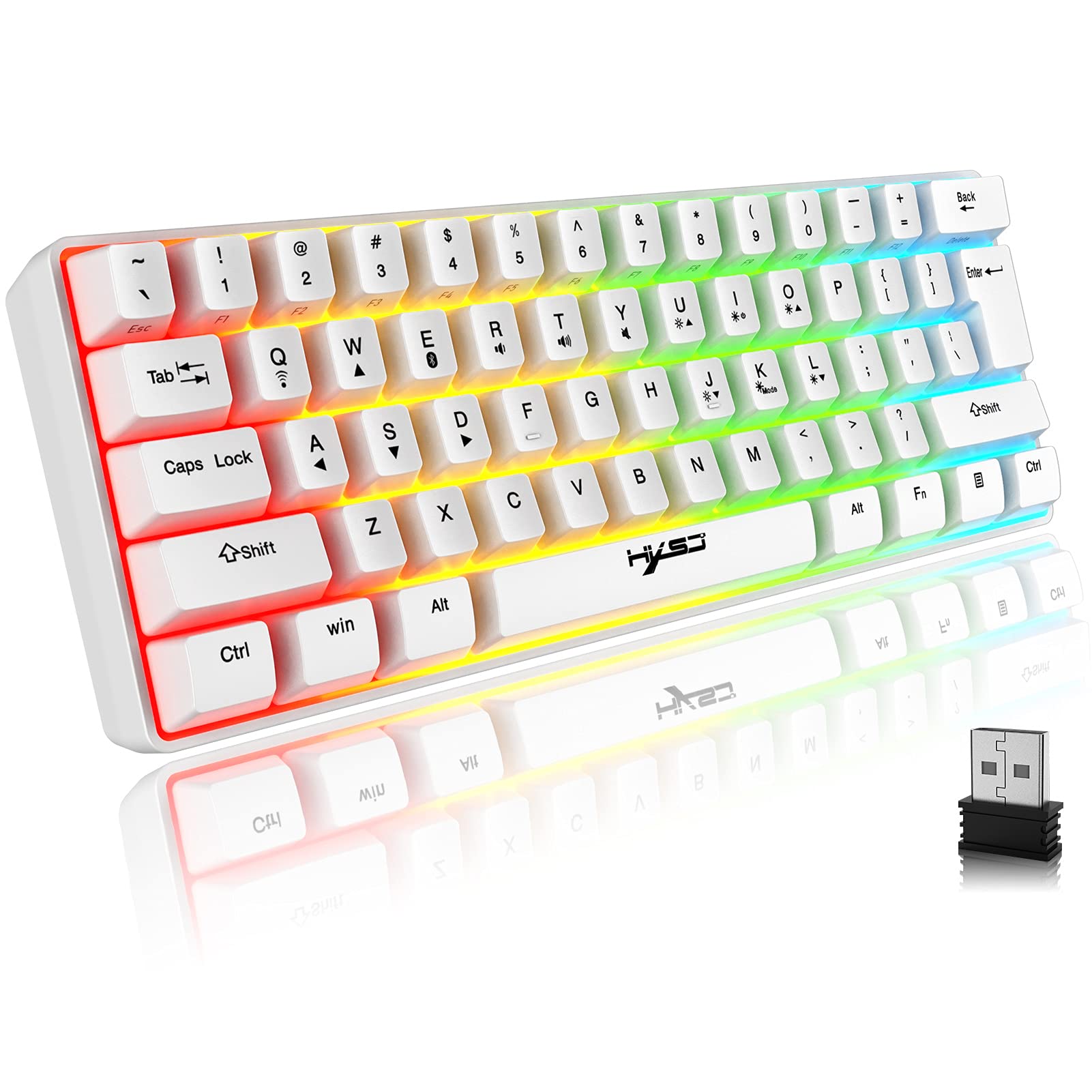 Tastatur Kabellos Gaming, 61 Tasten Bluetooth 5.0 + 2.4G Dual-Modus Ergonomische Ultrakompakte Leise 60% Tastatur mit Regenbogen Hintergrundbeleuchtung Akku für Windows Mac PC PS4 Gamer, Weiß
