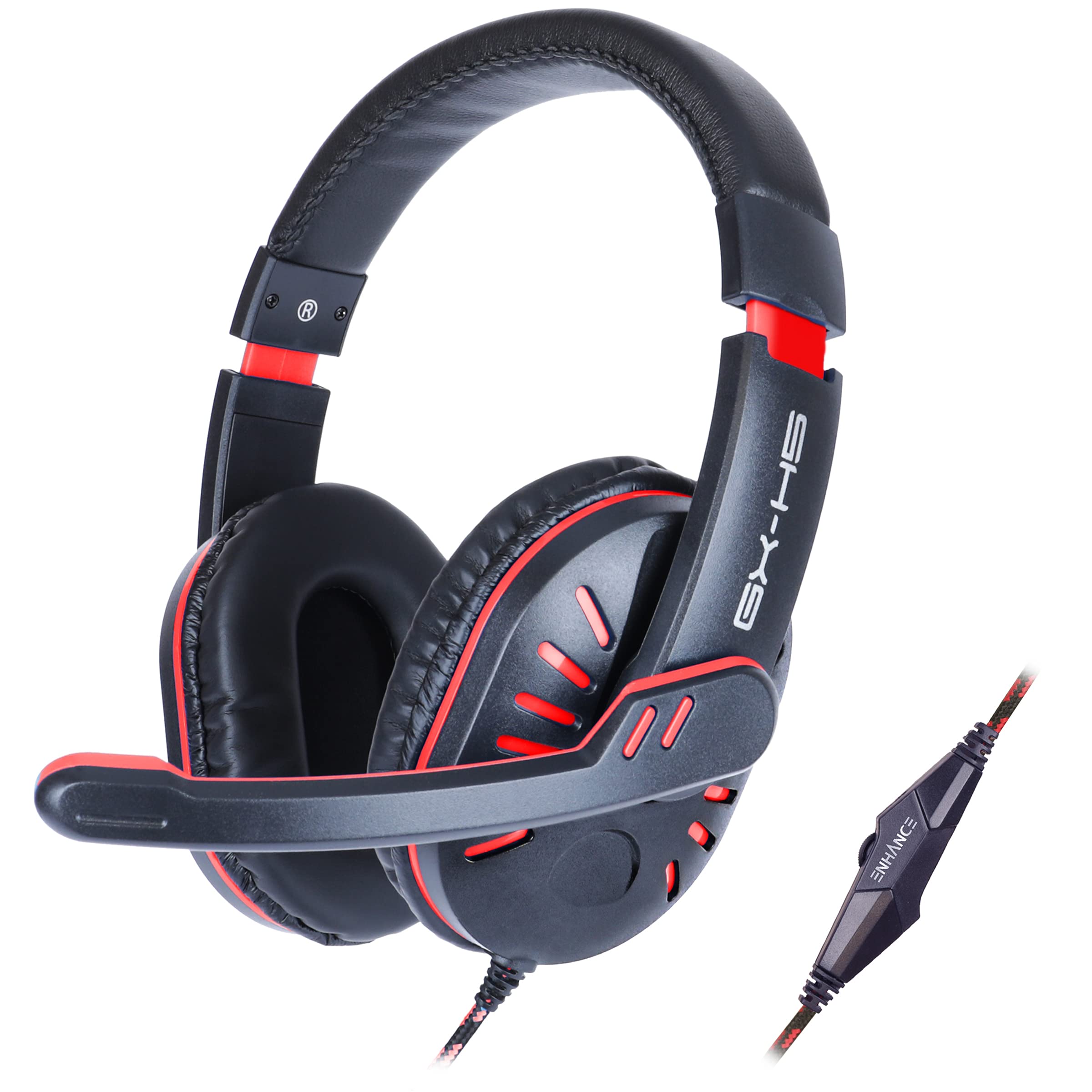 ENHANCE GX-H5 Gaming-Headset mit drehbarem Mikrofon für PC, PS4, PS5, Xbox, Switch - Weich Einstellbarer Kopfbügel, Lautstärkeregler mit geflochtenem Kabel, mitgeliefertes Splitterkabel (Rot)