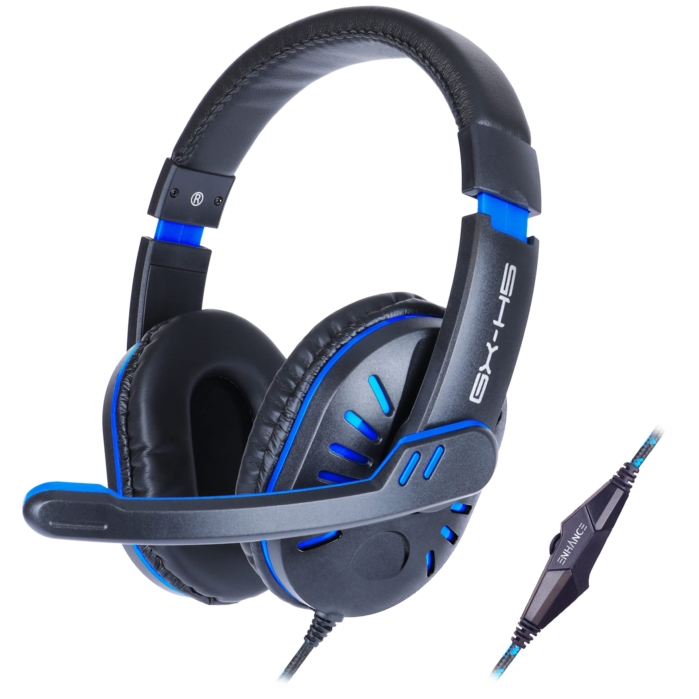 ENHANCE GX-H5 Gaming-Headset mit drehbarem Mikrofon für PC, PS4, PS5, Xbox, Switch - Weich Einstellbarer Kopfbügel, Lautstärkeregler mit geflochtenem Kabel, mitgeliefertes Splitterkabel (Blau)