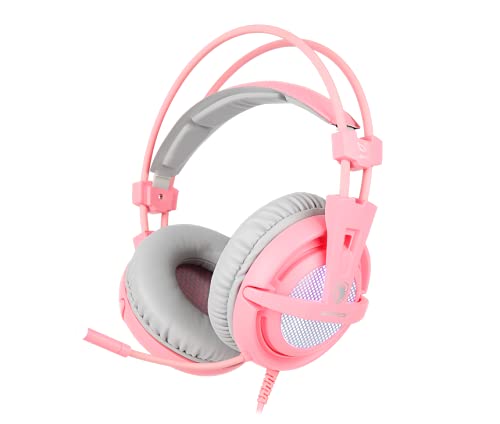 Sades A6 USB-Gaming-Headset, 7.1 Surround Sound PC, Gaming-Headset, mit Mikrofon mit Geräuschunterdrückung, LED-Lichter für Laptop, Computer und Konsolen (Rosa [Angel Edition])