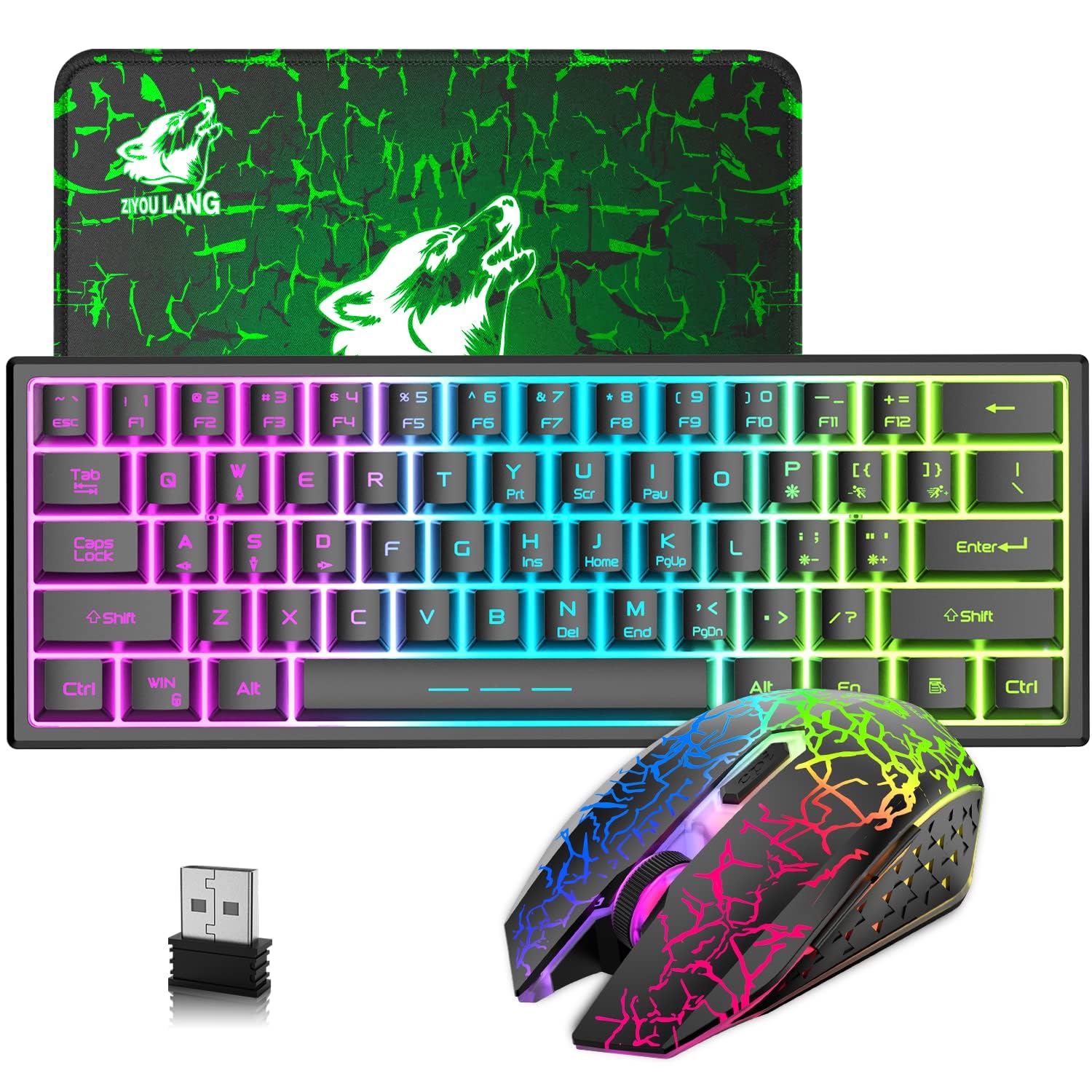 2.4GHz Tastatur Maus Gaming Set Kabellos Beleuchtet, 61 Tasten Regenbogen 3800mAh Wederaufladbare Mechanische Feel Tastatur, 2400 DPI Regenbogenlicht-LED 6 Tasten Maus, Kompatibel PC-Schwarz