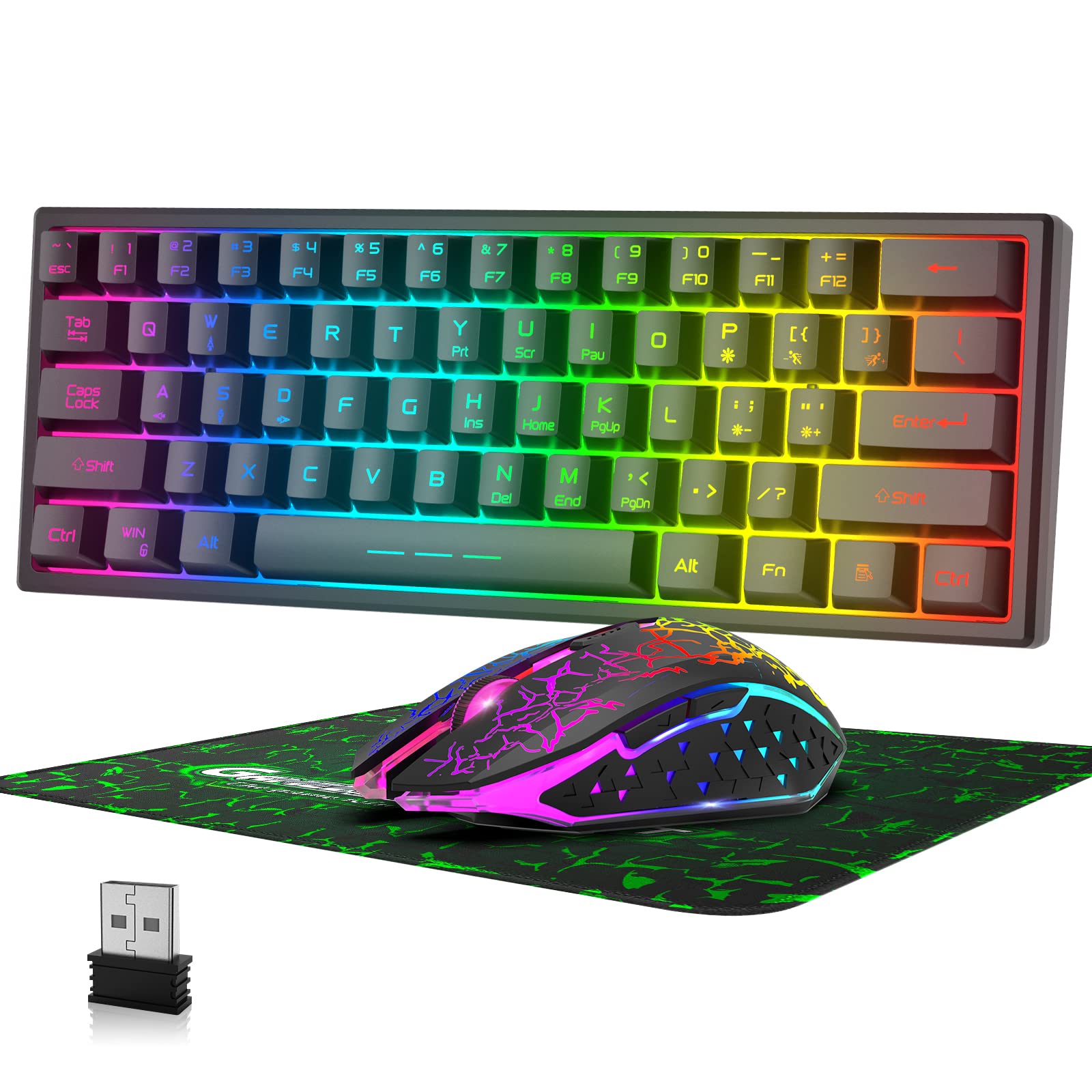 60% Kabellos Gaming Tastatur und Maus Combo Set 2,4 GHz Wiederaufladbare 3800 mAh Leise 61 Tasten Kompakttastatur mit Rainbow LED Hintergrundbeleuchtung + 2400 DPI 6 Tasten Rainbow LED Maus(Schwarz)