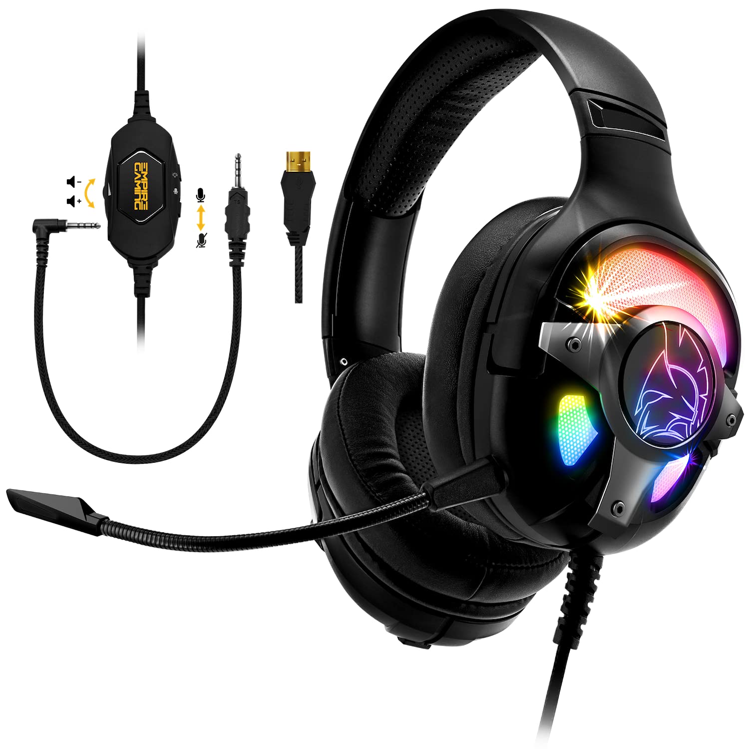 EMPIRE GAMING – WarCry G-W10 RGB-Gaming-Headset - 7.1 Virtual Surround Sound einschließlich Software geräuschlos -PS4, PS5, Xbox One/Series, PC, MAC - Fernbedienung – Abnehmbares Mikrofon