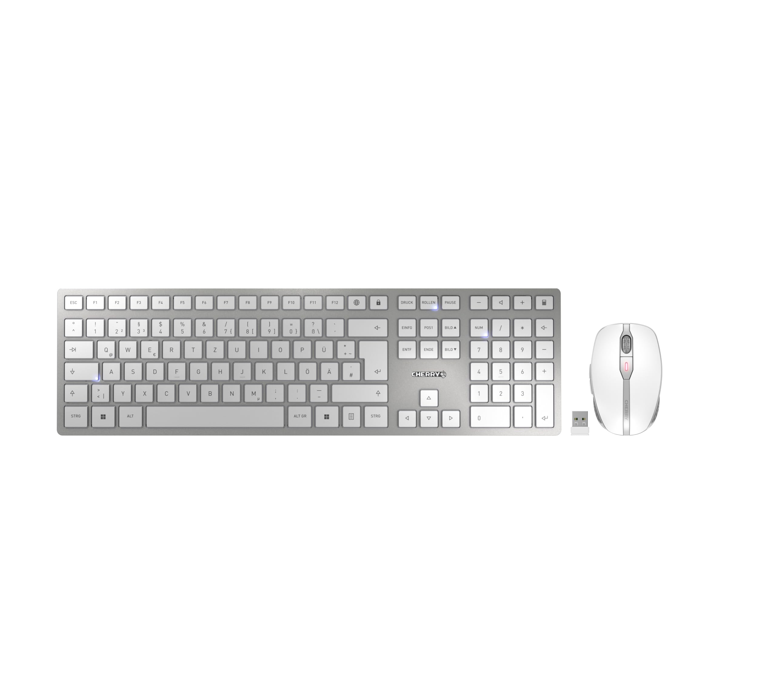 CHERRY DW 9100 Slim, Kabelloses Tastatur- und Maus-Set, Deutsches Layout (QWERTZ), Bluetooth & 2,4 GHz Funk, Leise Tasten, Wiederaufladbar, Weiß-Silber