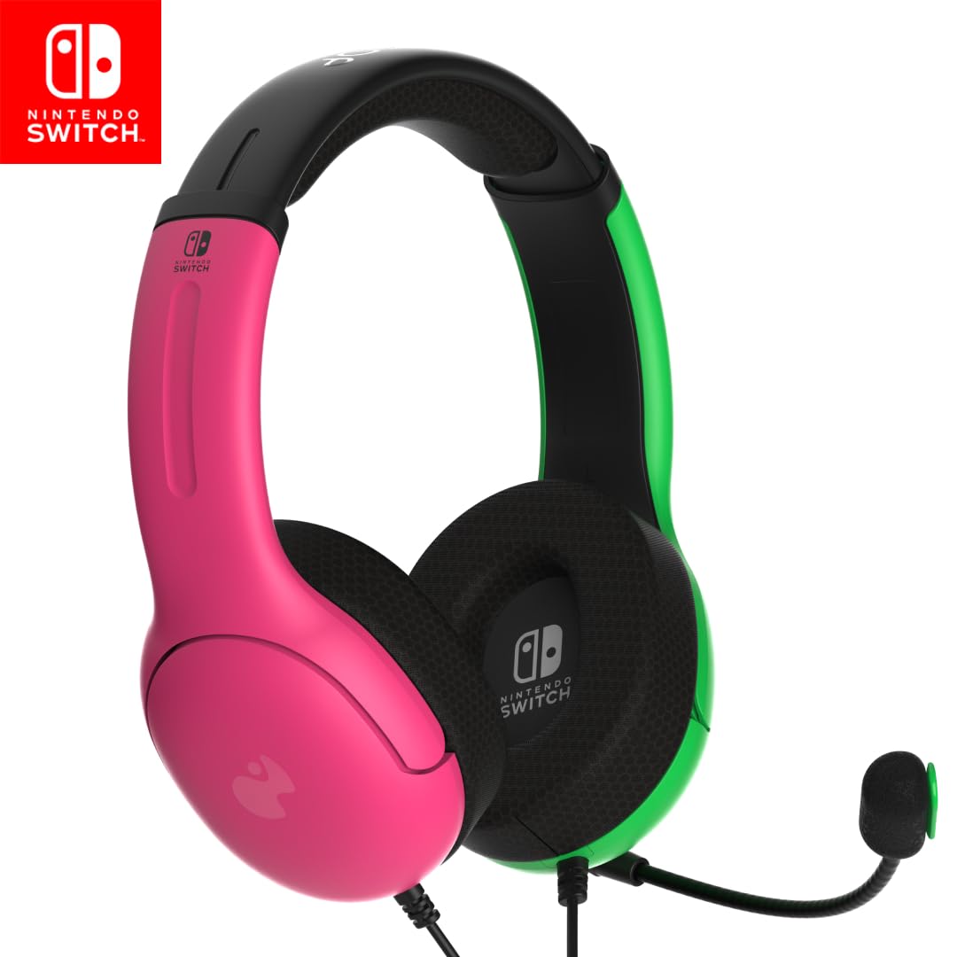 PDP Gaming LVL40 Stereo Kopfhörer mit Mic für Nintendo Switch - PC, iPad, Mac, Laptop Compatible - Noise Cancelling Microphone, Lightweight, Soft Komfort On Ear Kopfhörer, 3.5 mm Jack - Pink & Grün