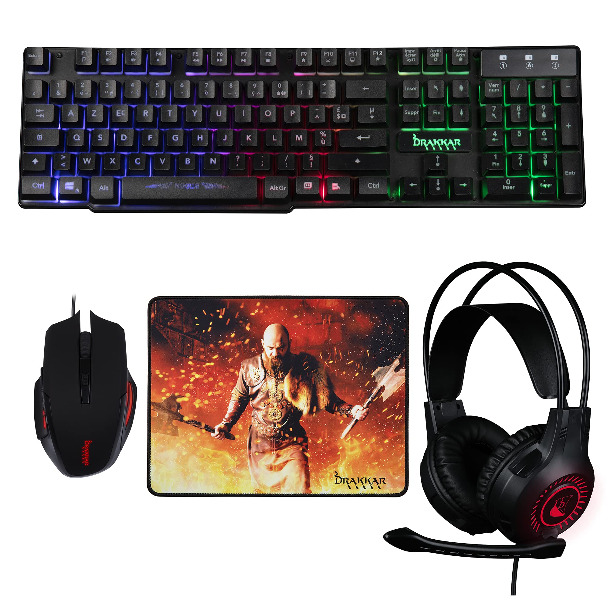 Konix Drakkar Gaming-Zubehörpaket Rogue für PC - Headset - AZERTY -Tastatur mit 105 Tasten - Maus - Viking - Mauspad