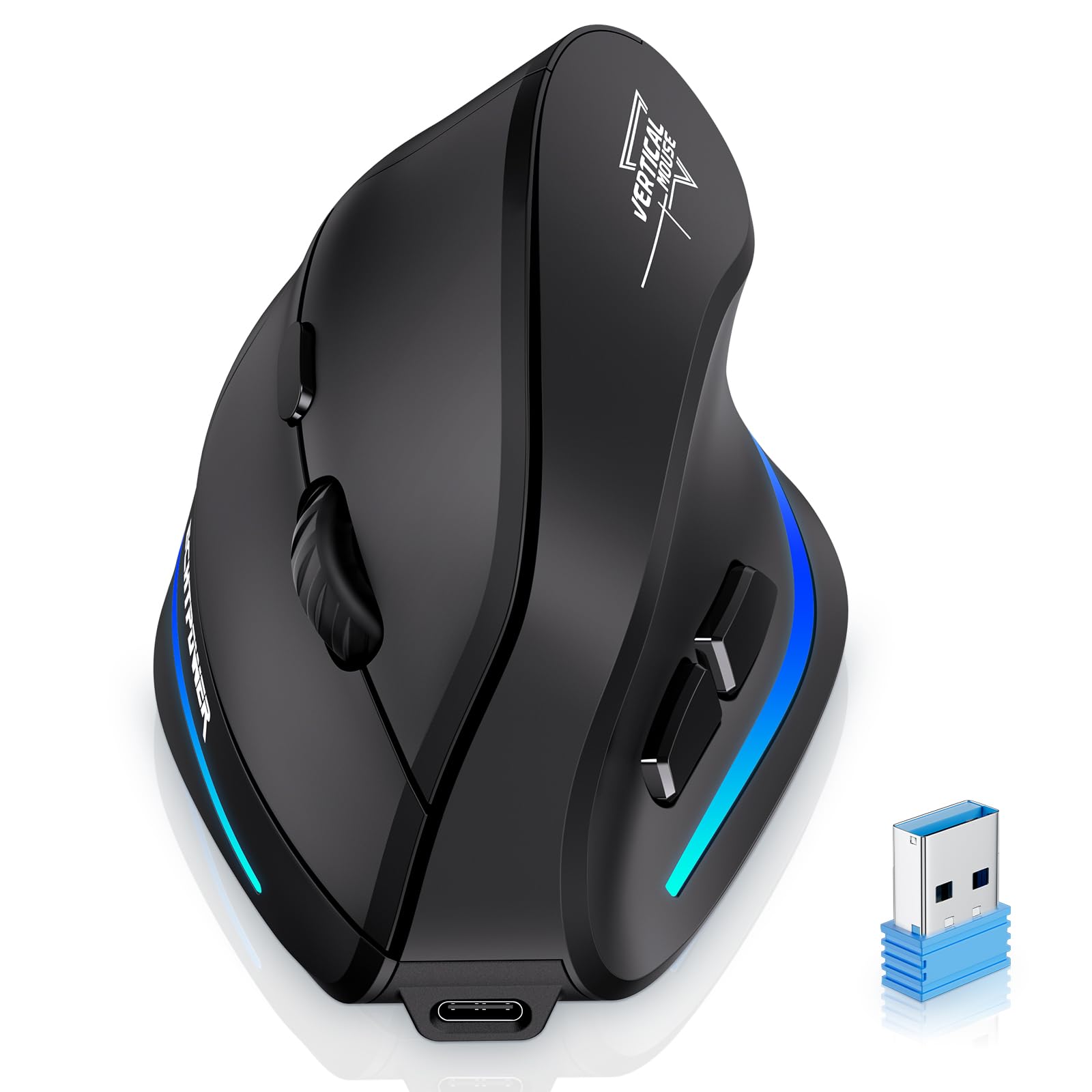ECHTPower 2024 Update Ergonomische Maus, kabellos, 2,4 GHz, vertikale Maus, wiederaufladbar, kabellos, Rechtshänder, leise, 4800 DPI verstellbar, Schnittstelle Typ C für PC, Laptop, Computer, Mac,