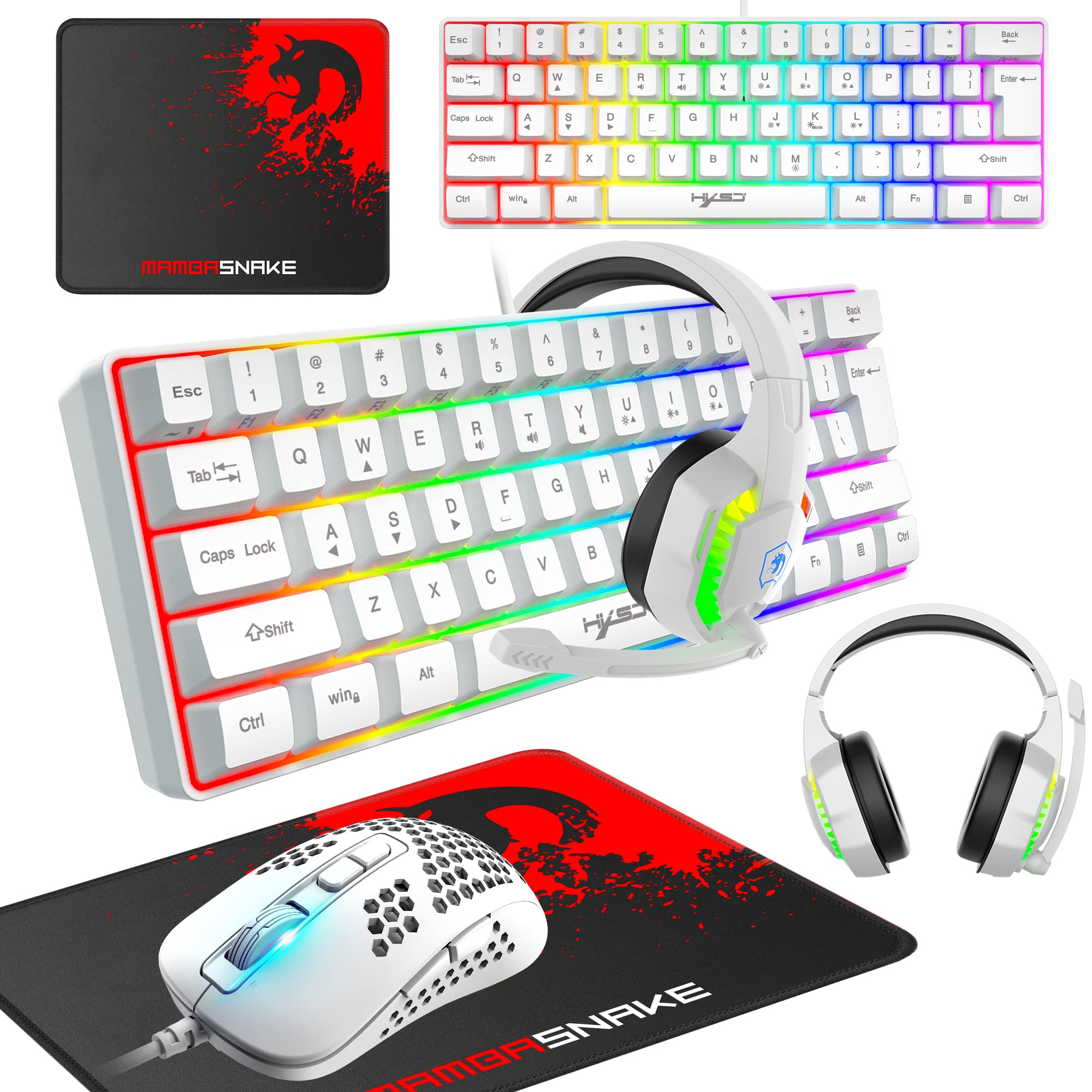Gaming-Tastatur, 60% kabelgebunden, kompakt, 61 Tasten, 11 RGB-Effekte mit vollen Tasten, Anti-Ghosting, kabelgebundene leichte Gamng-Maus, 2400 DPI, optische Wabenmaus, RGB-Headset und Mauspad