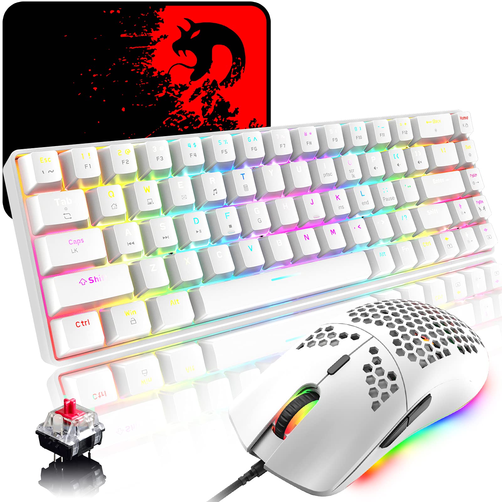 RGB Gaming Tastatur und Maus Set Klein, 68 Tasten Roter Schalter 60% Mini Chroma Mechanische Tastatur, 6400DPI Leichte Programmierbar Waben Maus, USB-Kabel, Kompatibel mit Windows Mac PS4, Weiß