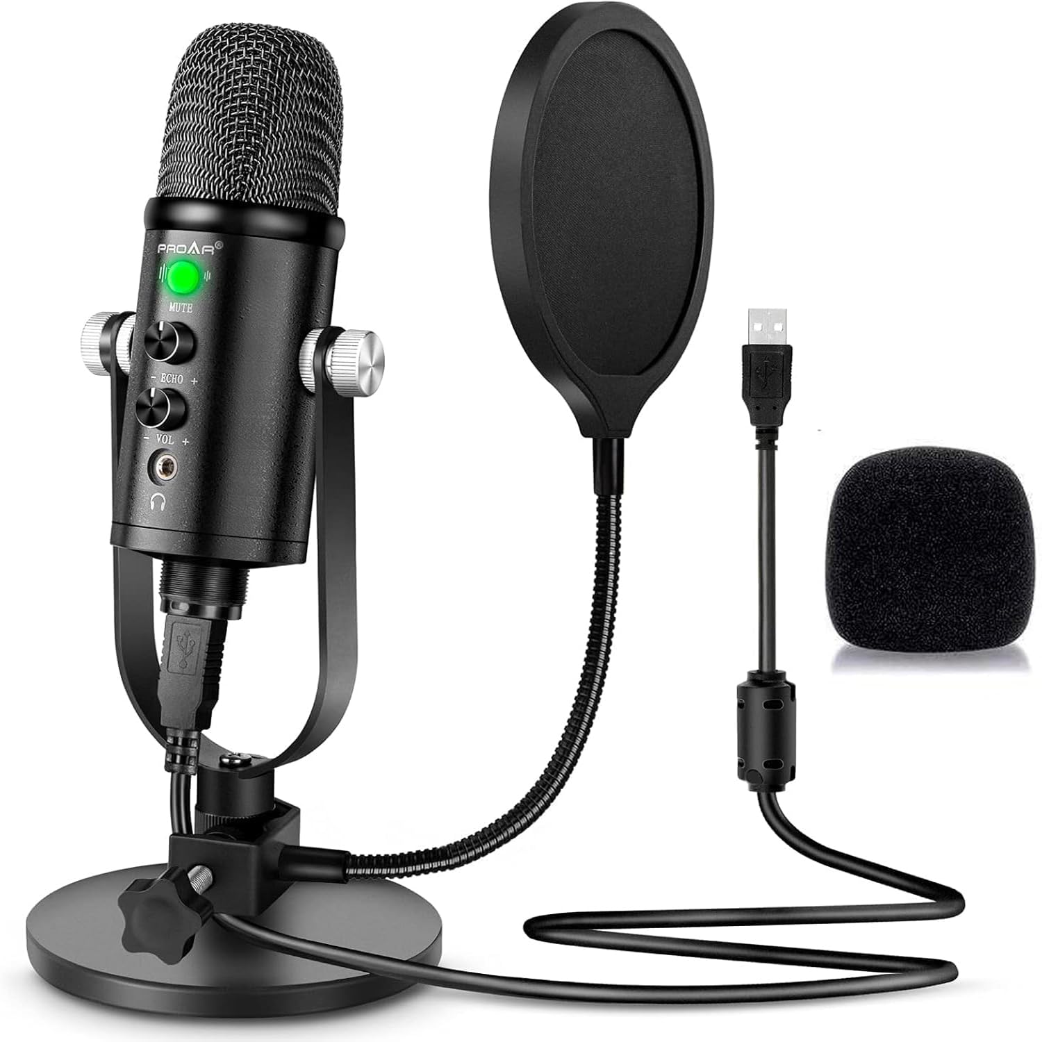 Mikrofon für Podcast, PROAR USB-Mikrofon-Set für iPhone, PC/Micro/Mac/iOS/Android, professionelles Plug&Play Studiomikrofon mit Ständer für Gaming, Online-Chat, Videos, Voice Overs, Streaming