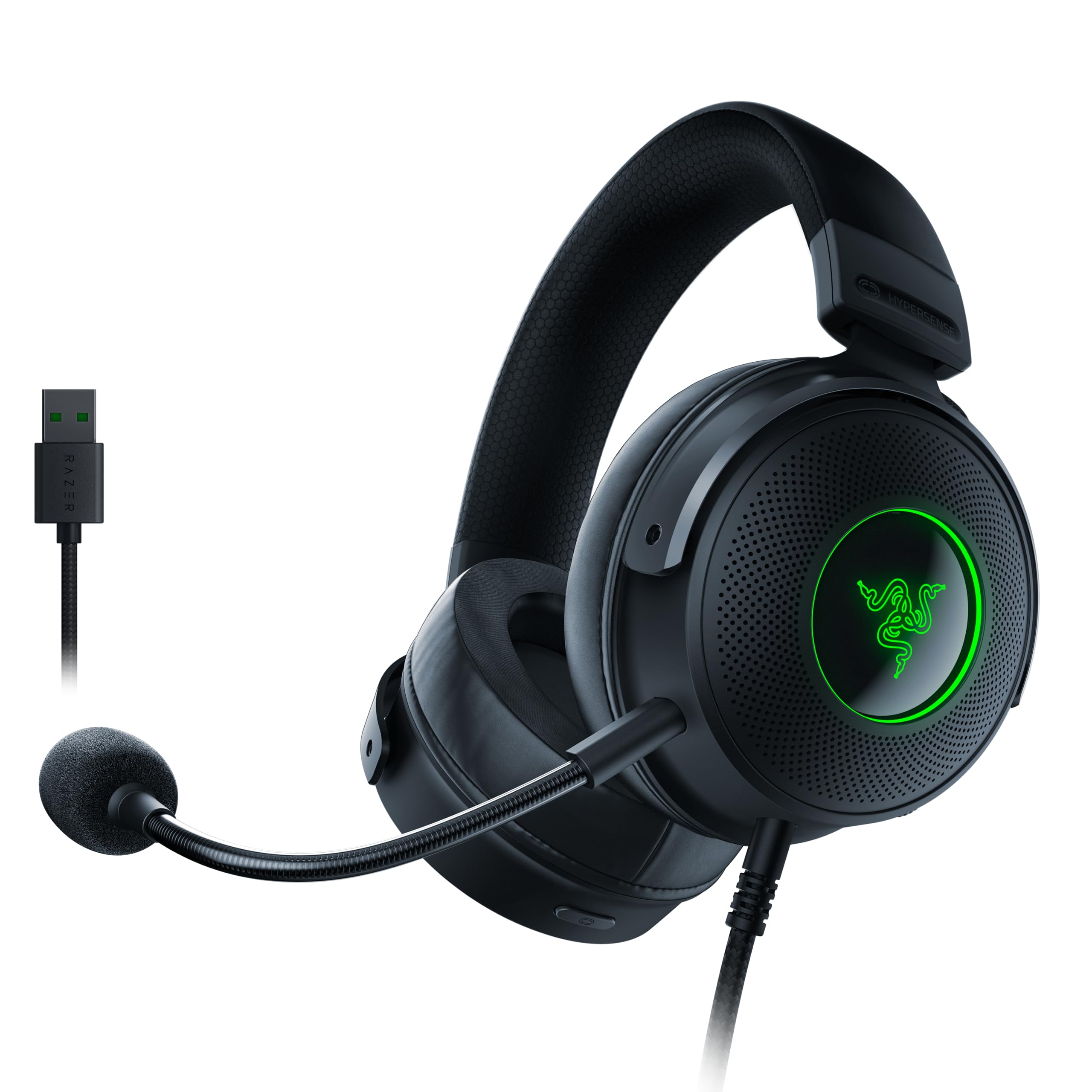 Razer Kraken V3 Hypersense - Kabelgebundenes USB-Gaming-Headset mit haptischer Technologie (TriForce Titanium 50mm-Treiber, THX Spatial Audio, abnehmbares HyperClear Cardioid-Mikrofon) Schwarz