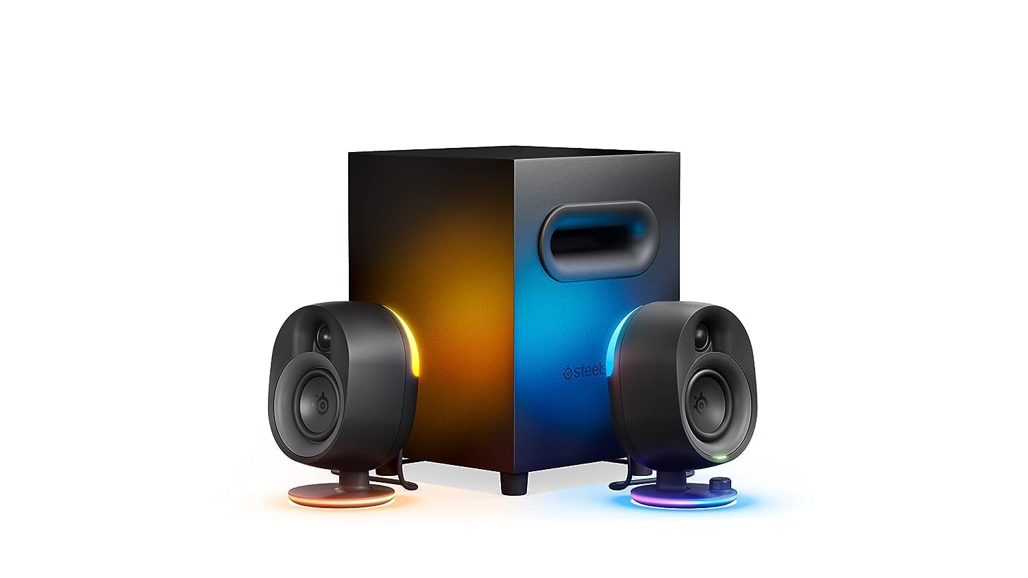 SteelSeries Arena 7 - Illuminated 2.1 Gaming Speakers – 2-Way Speaker Design – Powerful Bass, Subwoofer – USB, Aux, Optical, Wired – Bluetooth – PC, PlayStation, Mobile, Mac - UK Plug