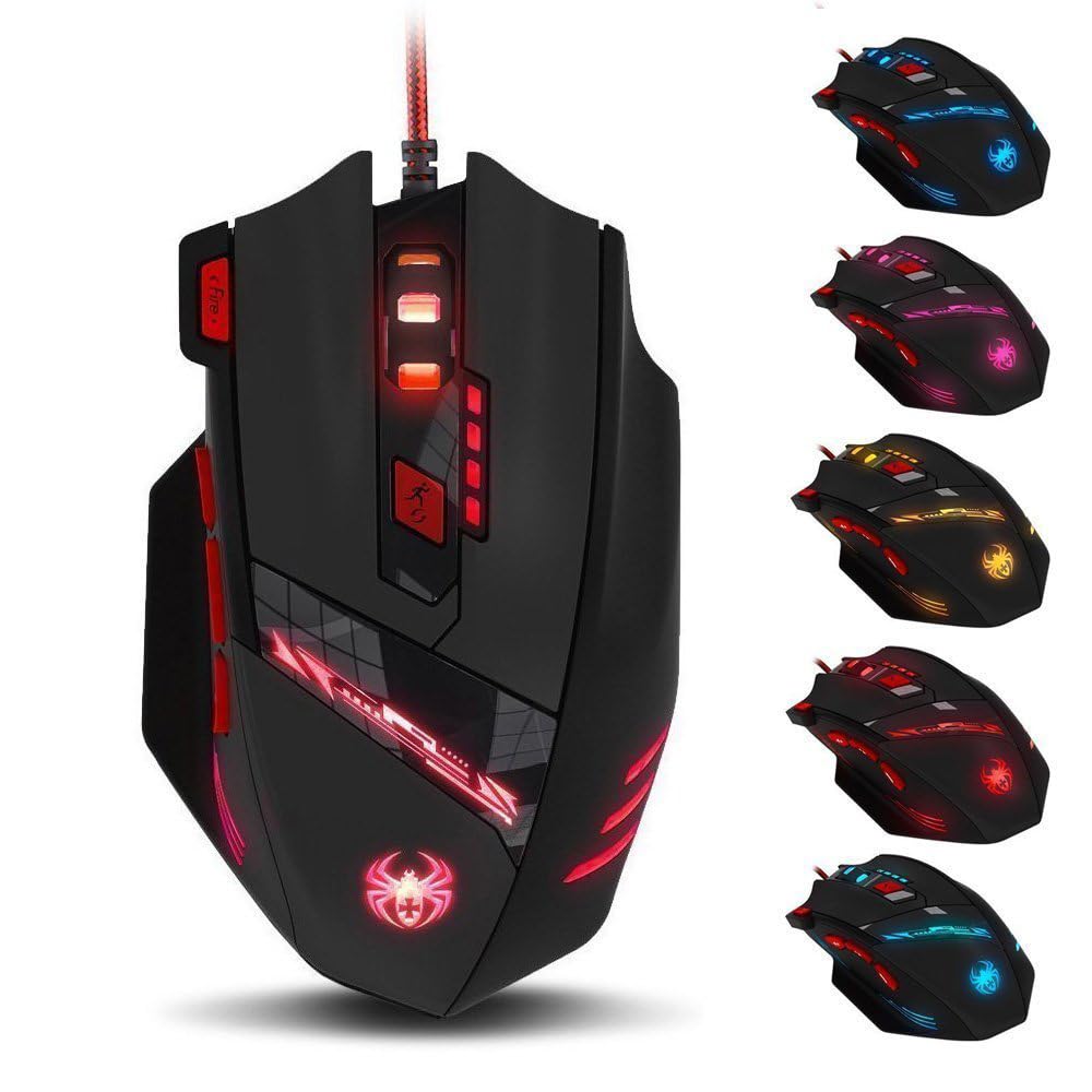 zelotes Gaming Maus,9200 DPI, 8 Programmierbare Tasten,8 Gewichtsblöcke,Multi-Modi LED,Ergonomische Design mit Kabel,PC Gamer Maus für Laptop,Computer,Mac (Schwarz)