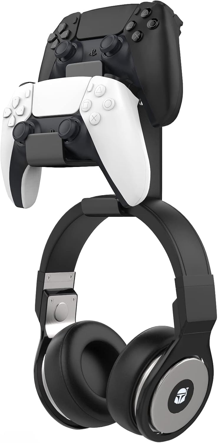 MoKo Controller Halterung, Duale Game Controller & Kopfhörer Halter für One, 360, PS3, PS4, PS5, PC, STEAM, Switch/Switch 2, Universale Headset Wandhalterung, 2 Installationsmethode, Schwarz