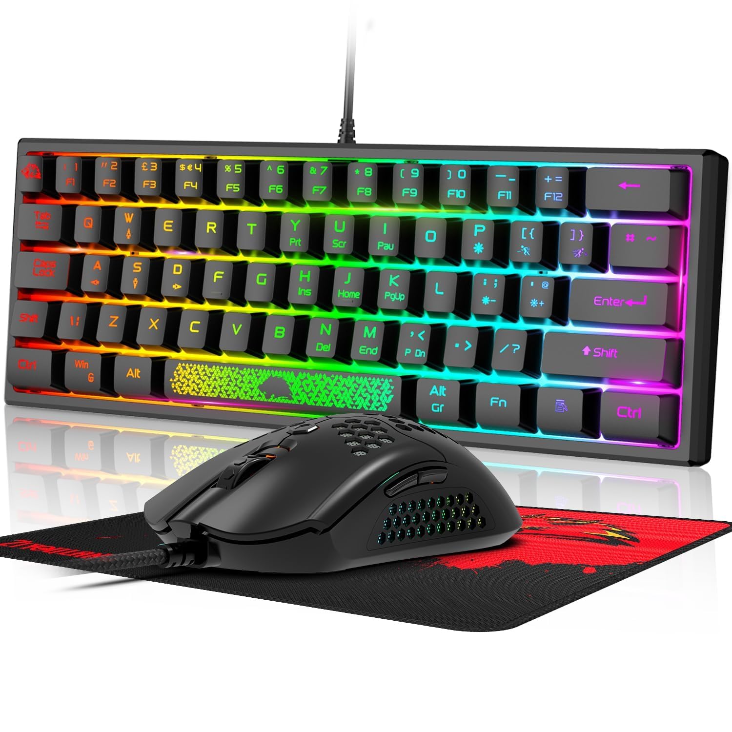 60 Prozent Mini Gaming Tastatur Und Maus Set Schwarz, QWERTY Layout RGB Regenbogen LED Beleuchtet Mechanische Gefühl Ergonomische Tastatur, 12000 DPI Bienenwabe Maus USB Verkabelt Fã¼r PC Laptop