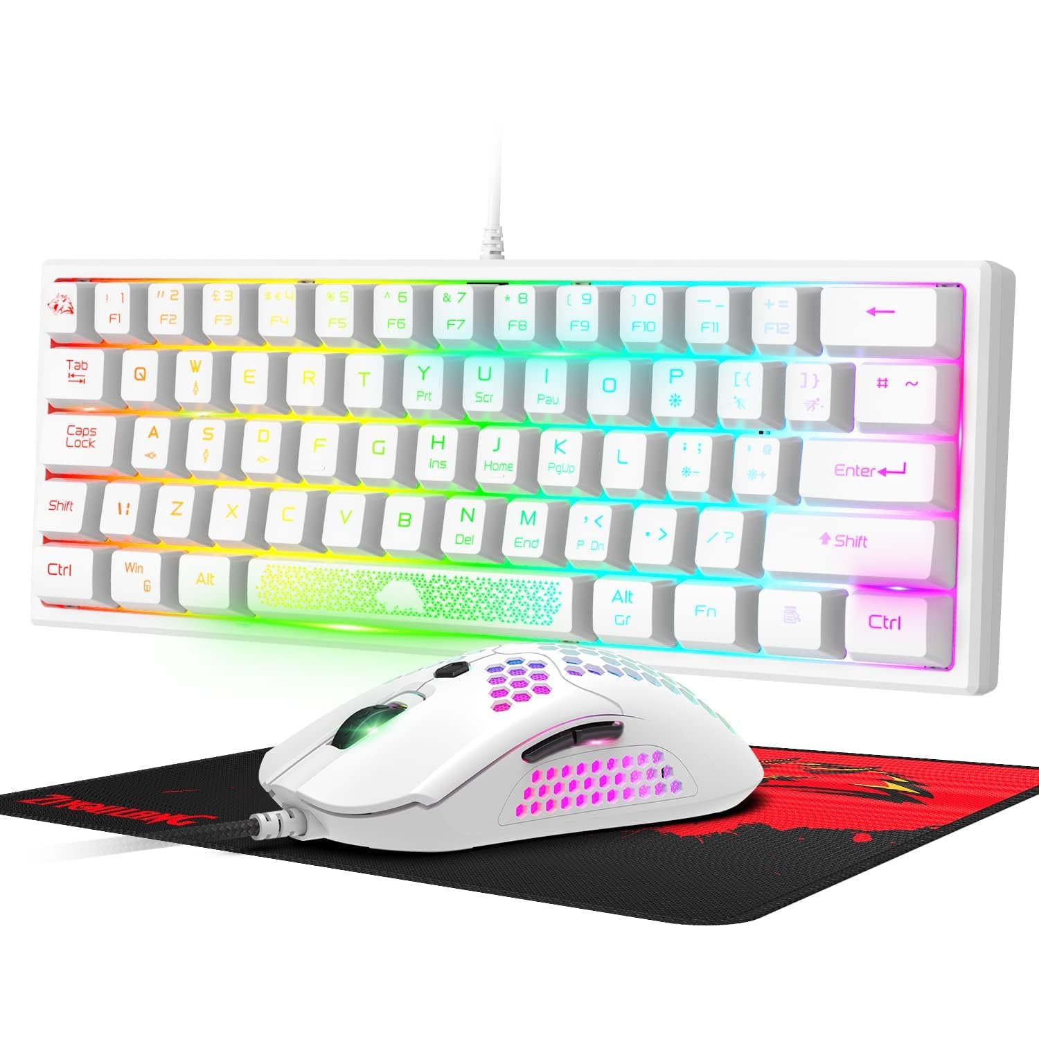 60 Prozent Mini Gaming Tastatur Und Maus Set Weiß, QWERTY Layout RGB Regenbogen LED Beleuchtet Mechanische Gefühl Ergonomische Tastatur, 12000 DPI Bienenwabe Maus USB Verkabelt Fã¼r PC Laptop