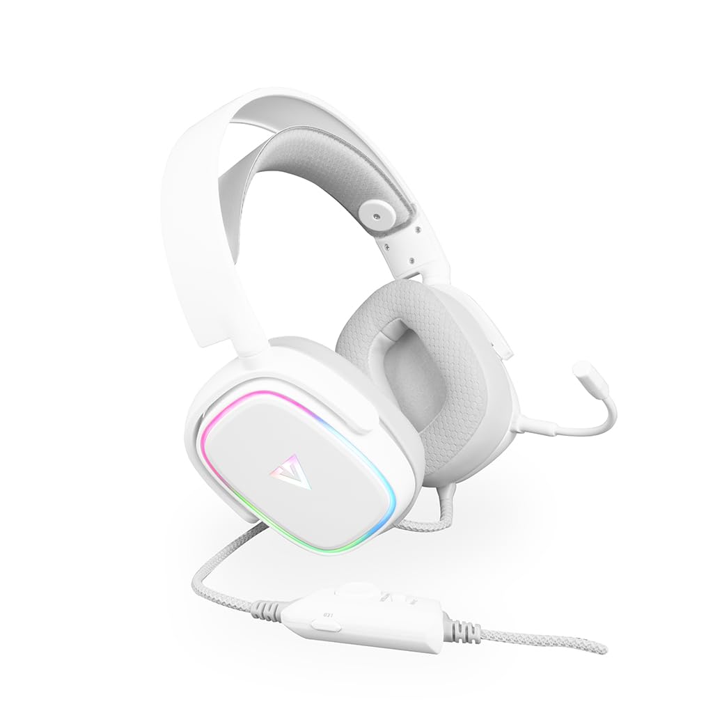 Modecom Volcano MC-899 Prometheus Weiß Gaming-Headset 7.1 Surround Sound | PC Kopfhörer mit Mikrofon & USB-Kabel | Over-Ear Polsterung & RGB Beleuchtung | Komfortabel für Lange Sessions & E-Sport