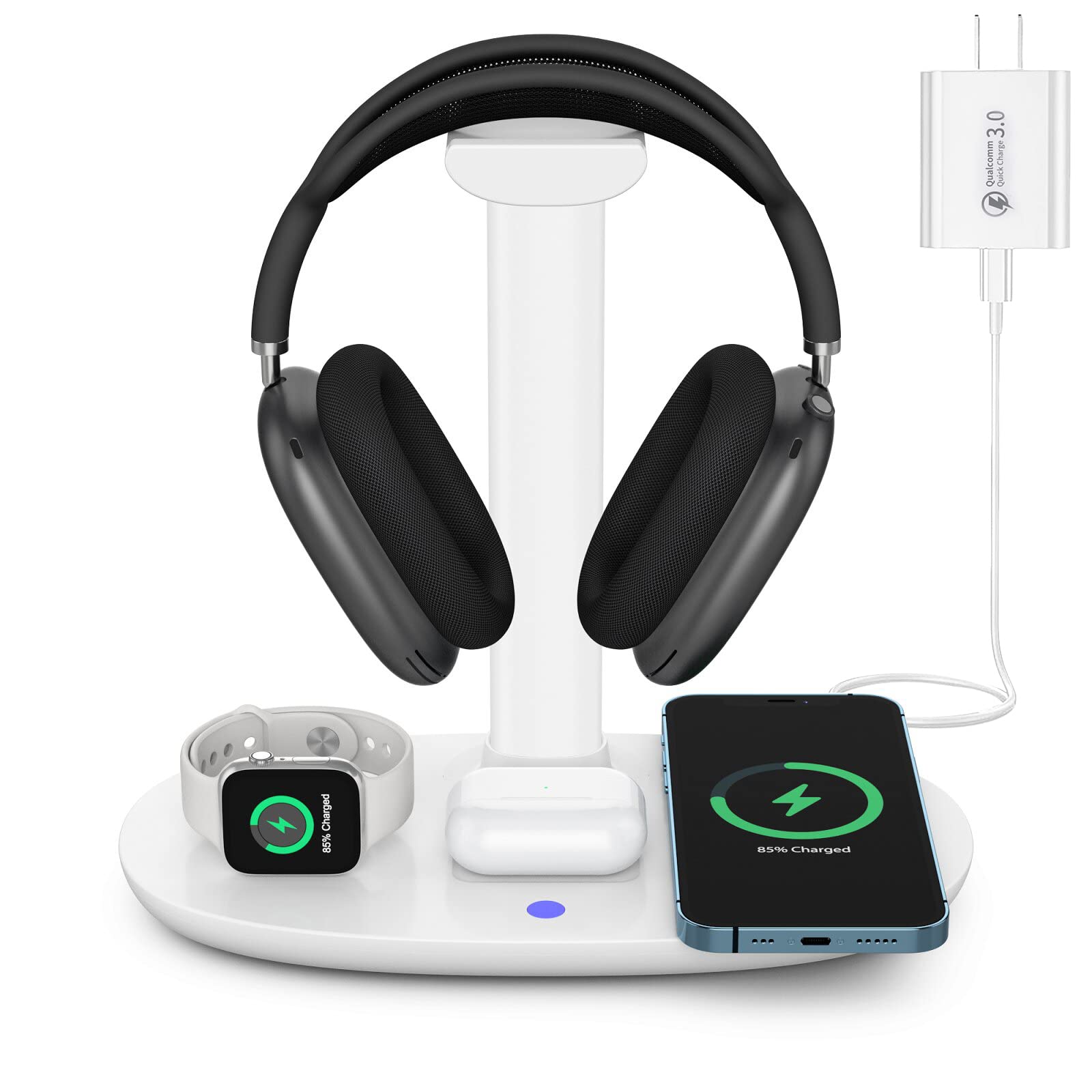 Kopfhörerständer mit kabellosem 15-W-Ladegerät, 4-in-1-Ladestation, Headset-Halter für AirPods Max/Pro/2/3, iWatch 8/7/6/5/4/3/2/1/SE, iPhone 14/13/12/11/XS/XR/X-Serie für Desktop-Tischspiel