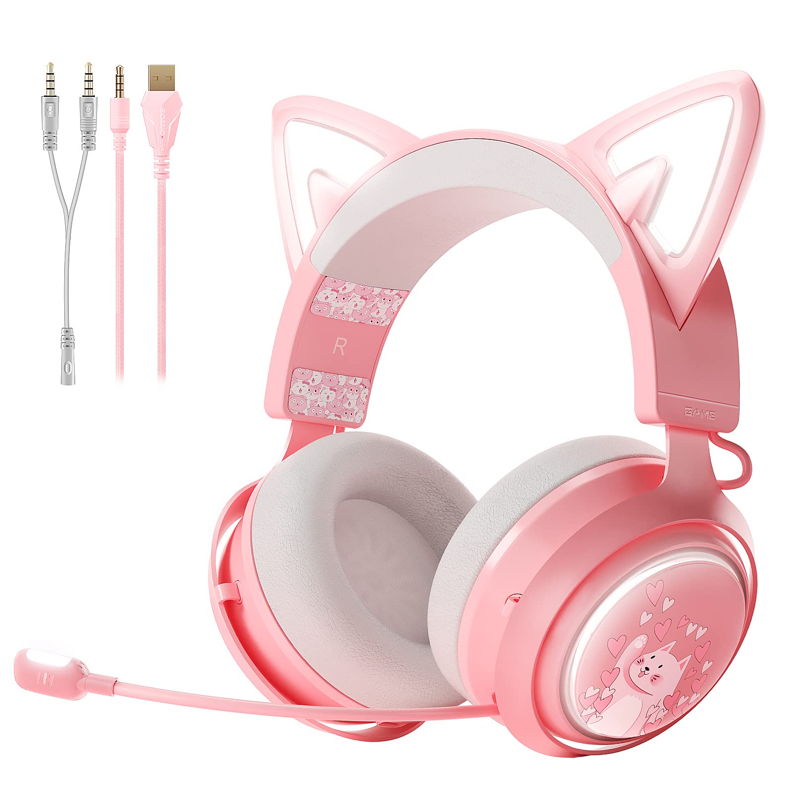 Somic Gaming-Kopfhörer mit Mikrofon, Katzenohr-Kopfhörer, kabelgebundener 3,5-mm-Kopfhörer mit einziehbarem Mikrofon-Geräuschunterdrückung, für Xbox One, PS5, PS4, PC, Pink