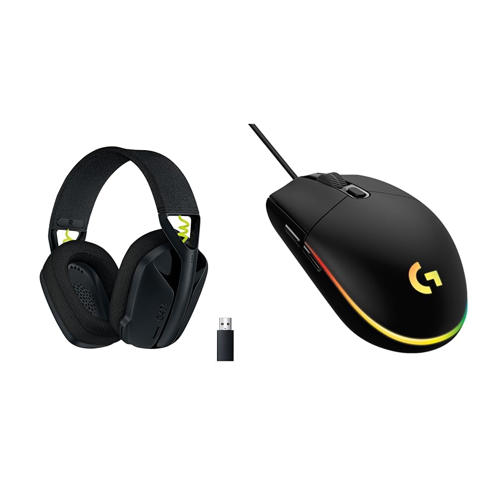 Logitech G203 Gaming-Maus mit anpassbarer LIGHTSYNC RGB-Beleuchtung + Logitech G 435 Lightspeed Wireless Bluetooth Gaming Headset, Schwarz
