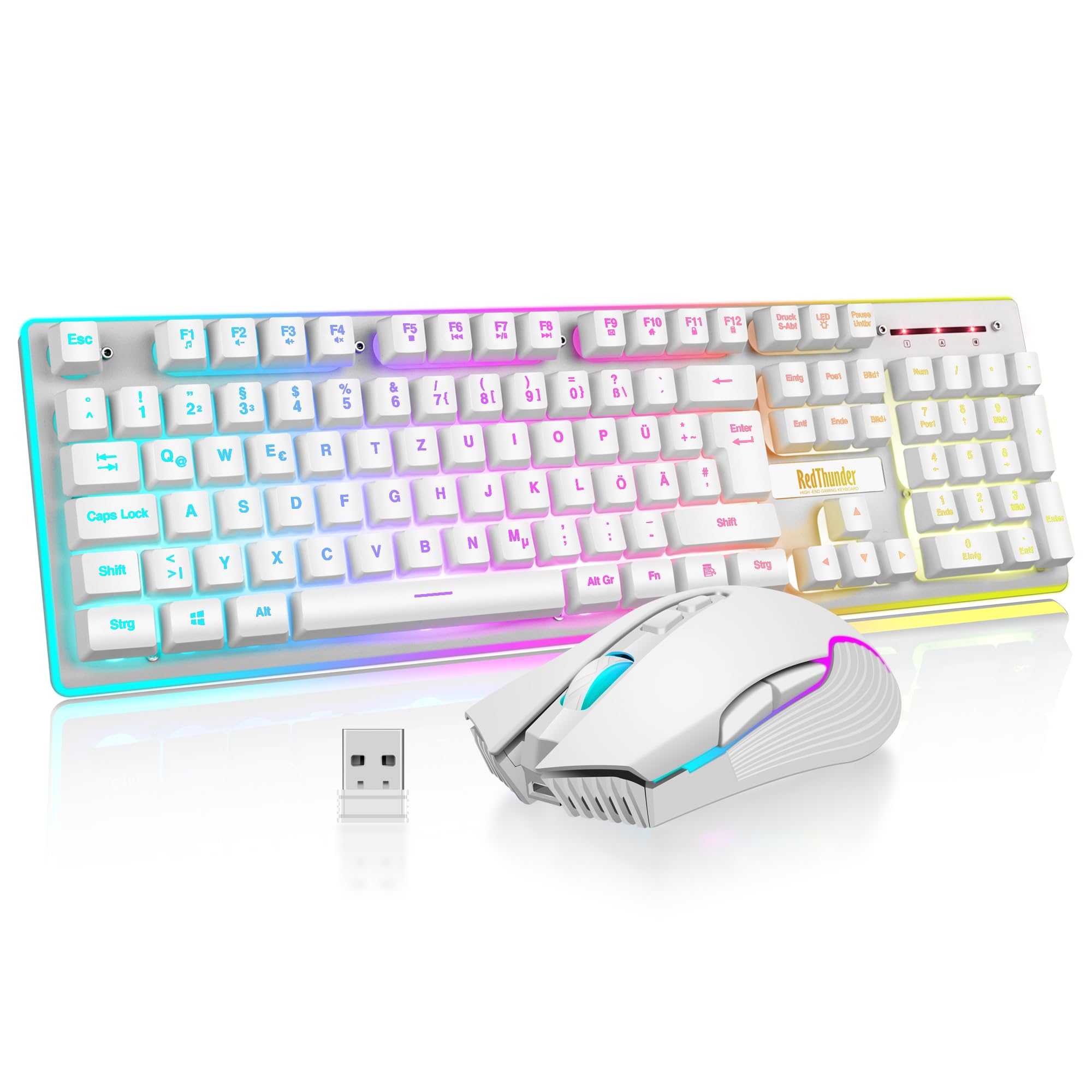 RedThunder K10 Kabelloses Gaming Tastatur und Maus Set, QWERTZ DE-Layout LED Hintergrundbeleuchtung, 3000mA Batteriekapazität und 3200 DPI für Gamer(Weiß)