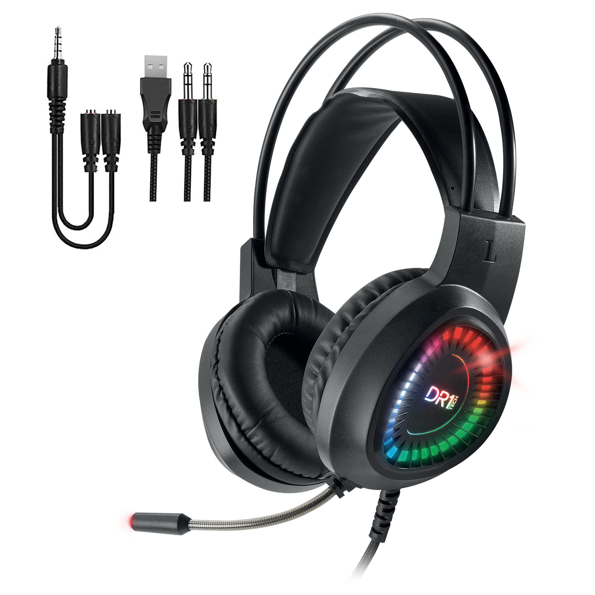 DR1TECH FireScout LED Kopfhörer Mit Kabel Und Mikrofon Für PC/PS/XBOX - 40mm Over Ear Kopfhörer Treiber mit Audio Stereo - 3.5mm Klinkenstecker und USB + Adapter Enthalten [Amazon Exclusive]