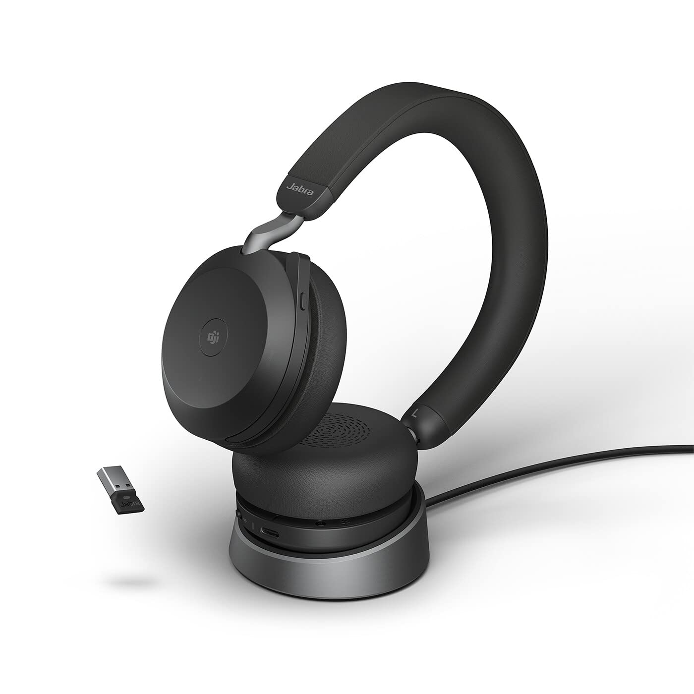 Jabra Evolve2 75 Wireless PC Headset mit Ladedock, 8-Mikro-Technologie - Dual-Foam-Stereo-Kopfhörer mit moderner aktiver Geräuschunterdrückung, USB-A Bluetooth-Adapter und MS-Kompatibilität - Schwarz