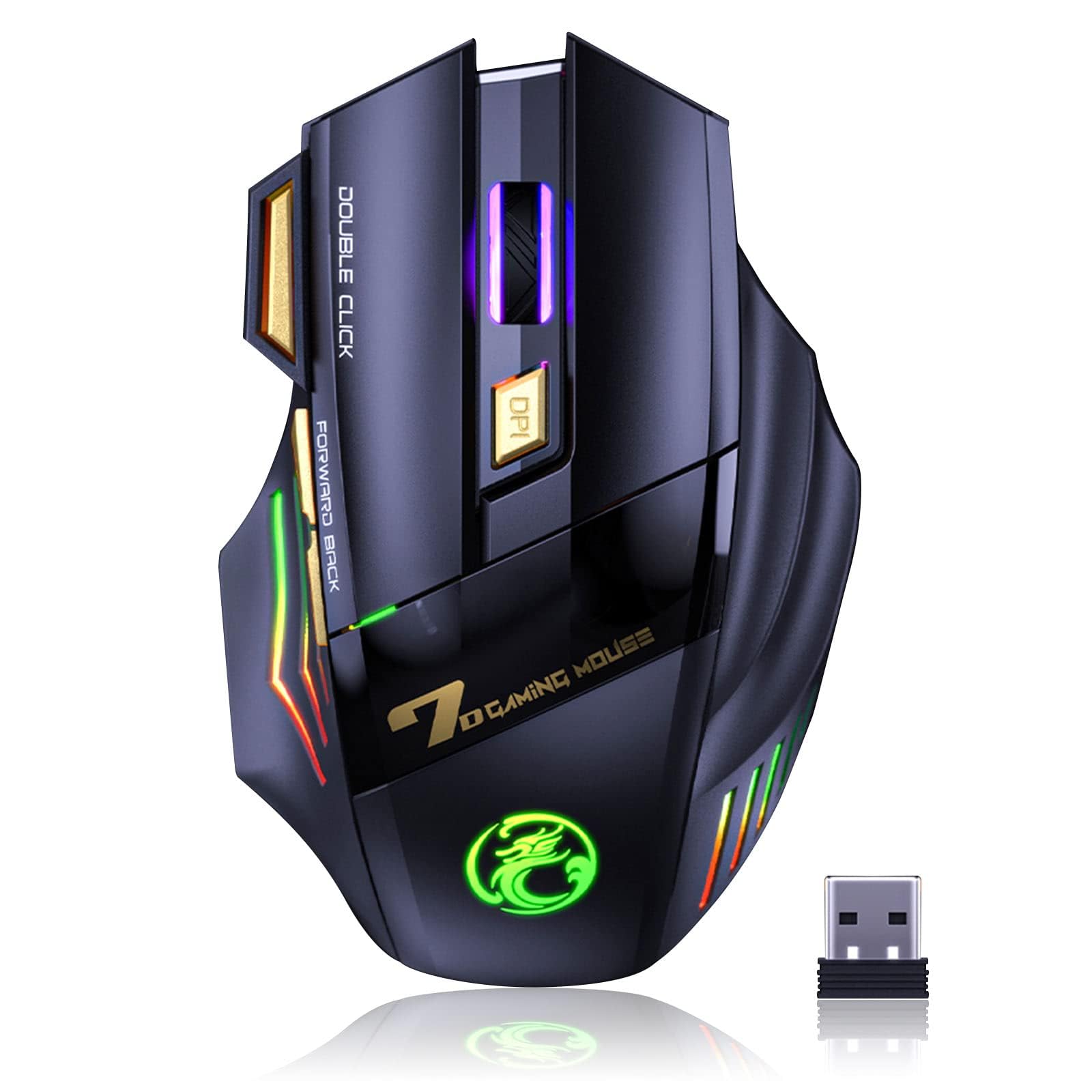 VEGCOO C8 Wireless Gaming Maus, wiederaufladbare Silent Click Gaming Maus mit 2.4G USB-Empfänger, 3 einstellbare DPI, 7 empfindliche Tasten Ergonomische RGB-Maus für Laptop PC Mac