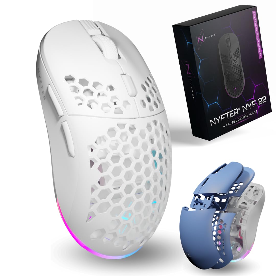 Nyfter - NYF22 Wireless Gaming Mouse mit White-Blue Honeycomb Maus Ultraleicht 75g leistungsstark mit 400mA 19K DPI, 400 IPS 1000 hz 50h Akkulaufzeit langlebig Zwei wechselbare Cases inkl.