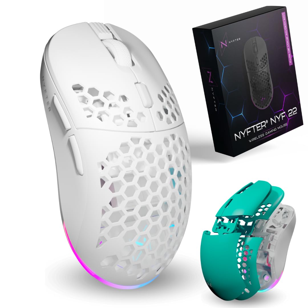 Nyfter - NYF22 Türkis-White Wireless Gaming Gen2 Mouse Ultraleicht 75g leistungsstark mit 400mA 19K DPI, 400 IPS 1000 hz 50h Akkulaufzeit langlebig Zwei wechselbare Cases inkl.