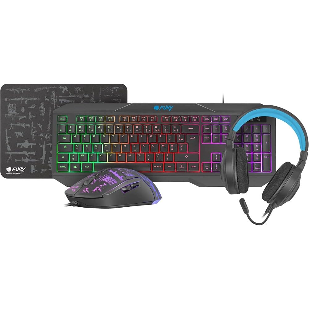FURY THUNDERSTREAK 3.0 Gaming Combo Pack 4-in-1 Azerty Keyboard + Mouse + Headset + Gaming Mouse Mat PC