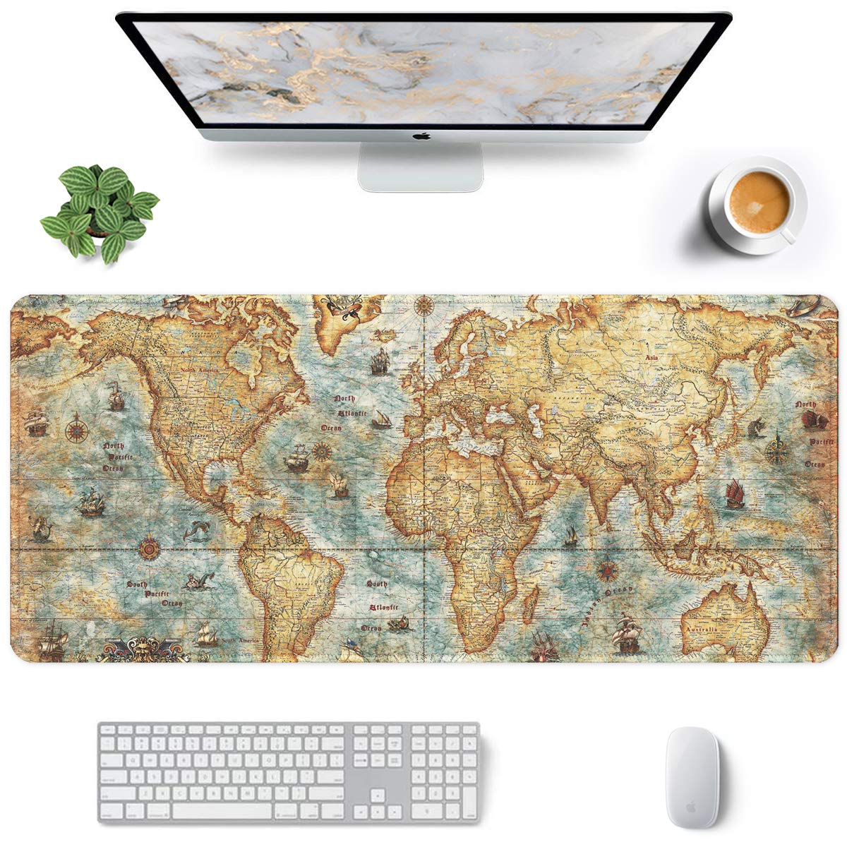 Hsurbtra Großes Mauspad, 900 x 400 mm, Gaming-Matte mit vernähtem Rand, XXL, erweitertes wasserdichtes Computertastatur-Mauspad, Laptop-Schreibtischunterlage, rutschfeste Gummibasis,Weltkarte