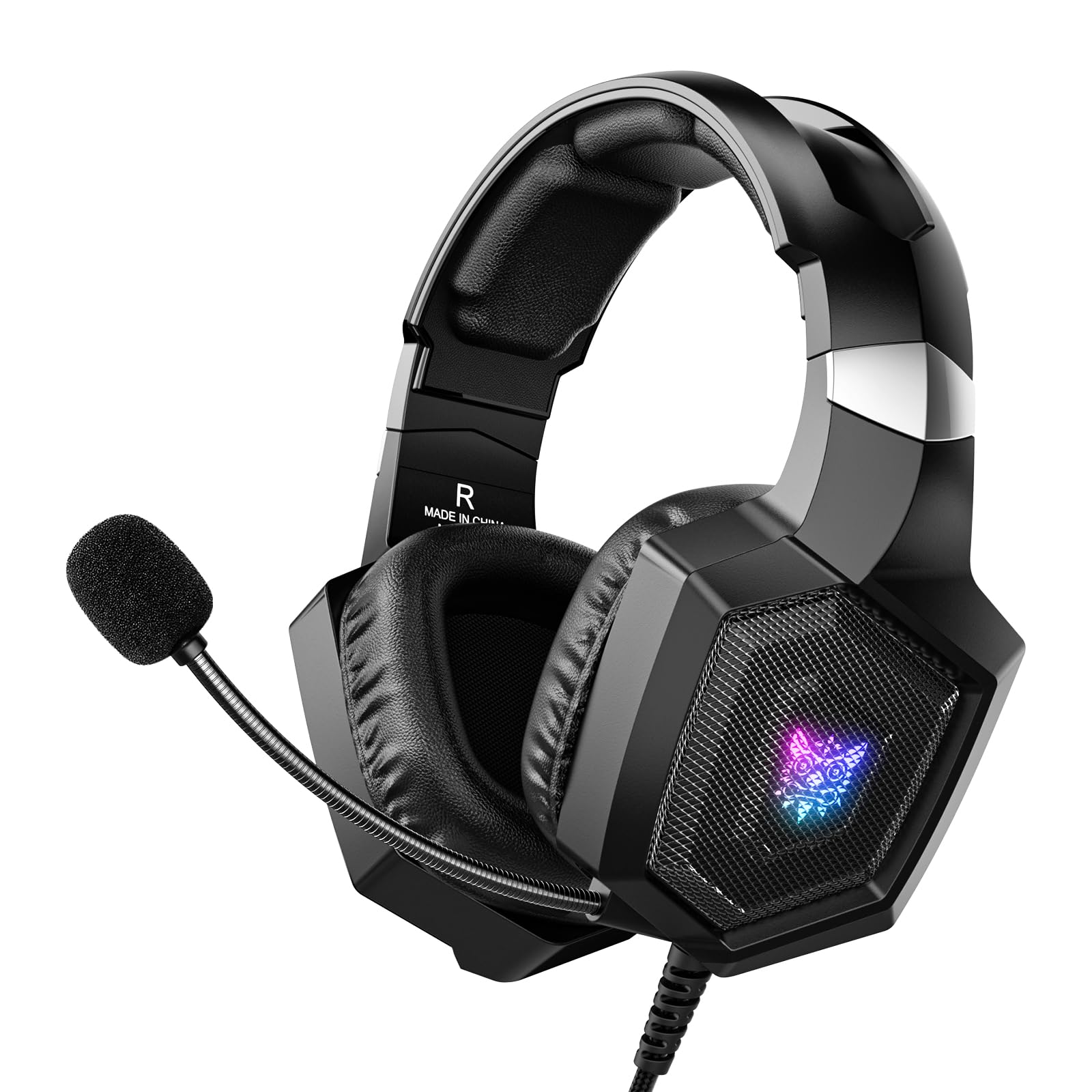 GamingHeadset mit Mikrofon, GamingKopfhörer für PS4 PS5 Xbox One PC, PlaystationHeadset mit Rauschunterdrückungsmikrofon, LEDLicht 7.1 SurroundSound OverEar und kabelgebundener