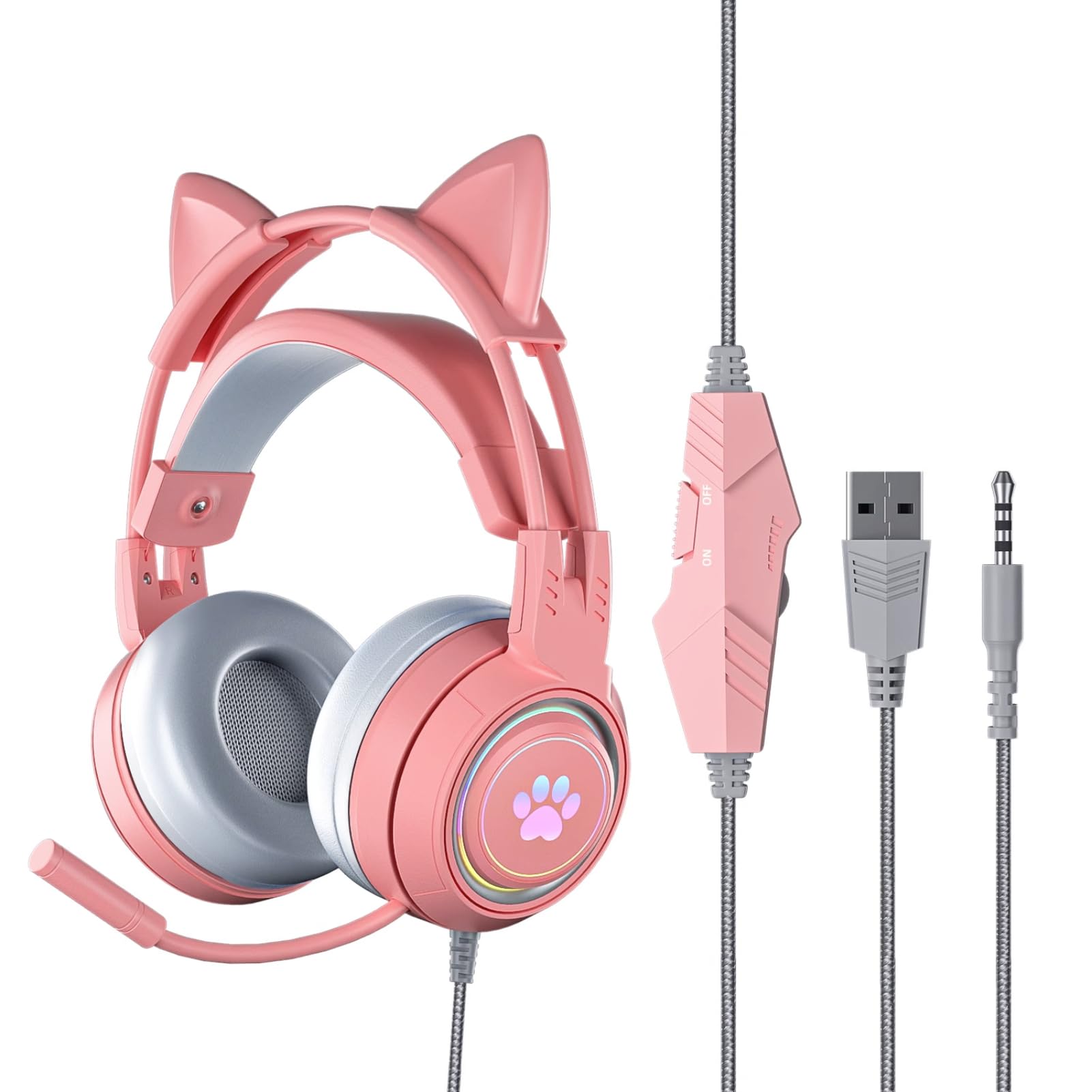 Yunseity Gaming-Headset, USB + 3,5 Mm Abnehmbarer Cat-Ear-Kopfhörer mit Noise-Cancelling-Mikrofon, Gaming-Kopfhörer für One, PC, Mobiltelefon(Rosa)