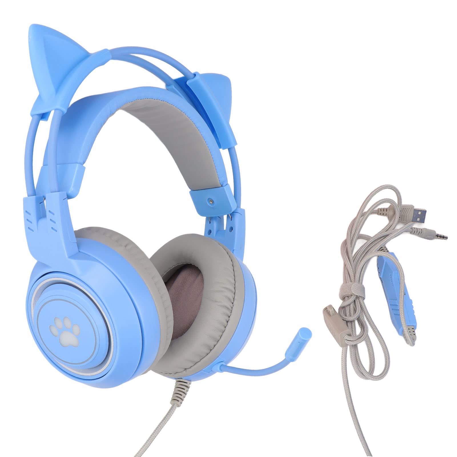 Yunseity Gaming-Headset, USB + 3,5 Mm Abnehmbarer Cat-Ear-Kopfhörer mit Noise-Cancelling-Mikrofon, Gaming-Kopfhörer für, One, PC, Mobiltelefon(Blau)