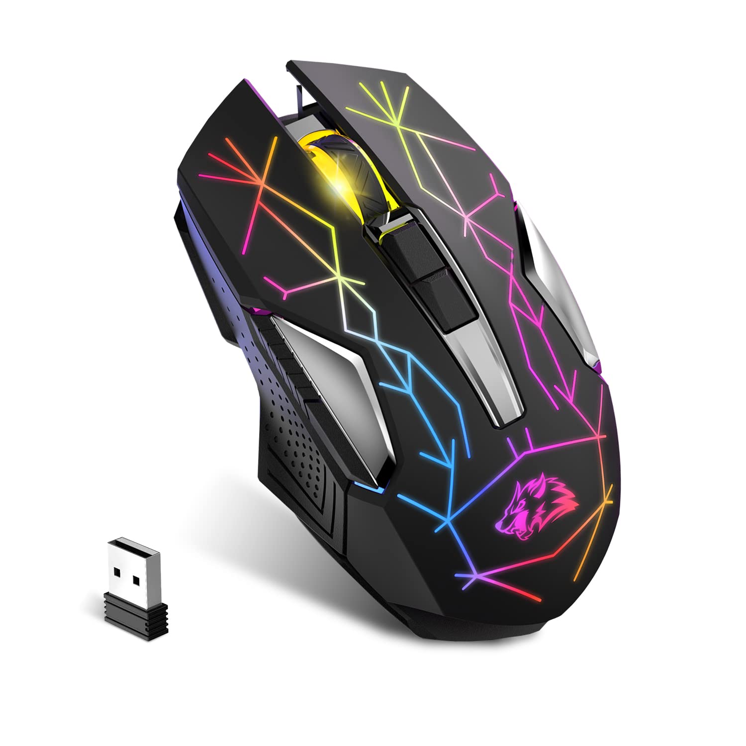 X18 Kabellose Gaming-Maus 2,4 G, wiederaufladbar, 600 mAh Lange Lebensdauer, 7 RGB-Lichter, 2400 DPI, intelligente Energieeinsparung, leises Klicken, USB-Empfänger, optisch, für PC/Mac/PS4/XBOX