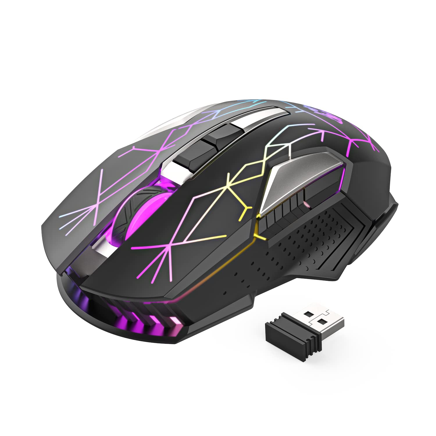 Kabellose Gaming-Maus, 2400 DPI, Seitentaste, USB Empfänger, Atmung RGB-Beleuchtung, 7 Tasten Lautloses Klicken, 2.4 GHz Wiederaufladbar Wireless Mouse, Gaming-Maus für Laptop, PC - Stern Schwarz