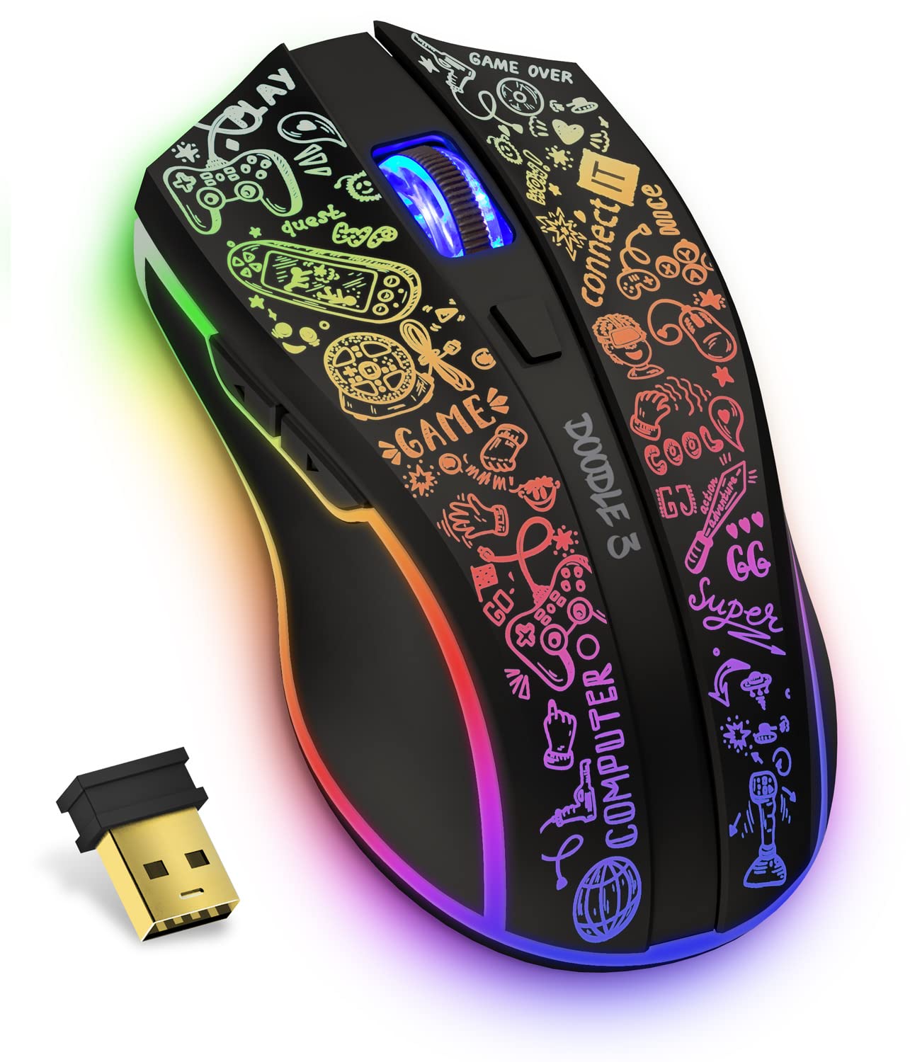 CONNECT IT Gaming Maus Kabellose Doodle 3 | RGB 4800 DPI Ergonomische 2.4G USB Mouse Wireless | 6 programmierbaren Tasten, Anpassbare Spielprofile, Langer Stunden Akkulaufzeit