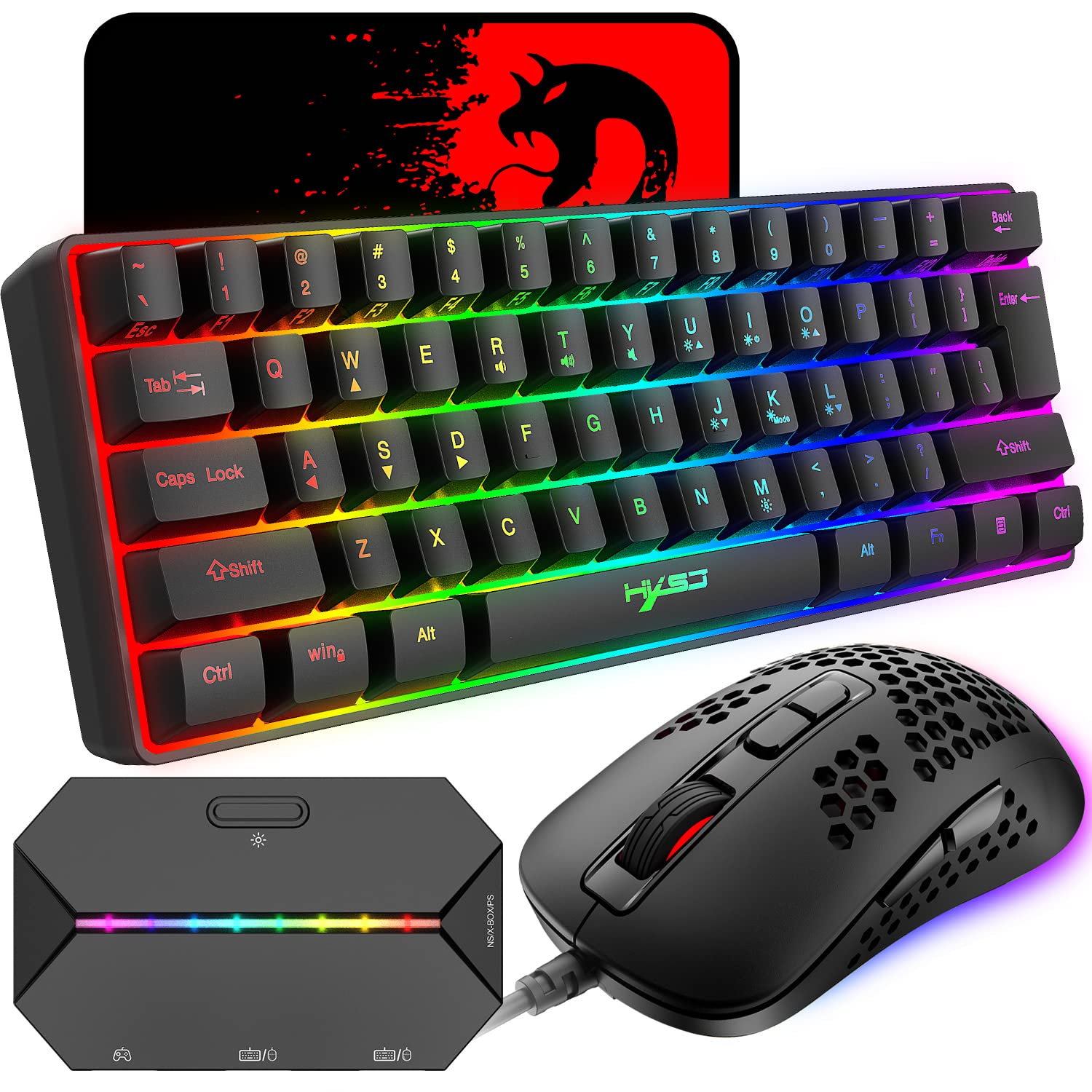 60% kabelgebundene kompakte Gaming-Tastatur, 61 Tasten, 11 RGB volle Tasten, Anti-Ghosting + leichte Gaming-Maus, 2400 DPI, optische Maus mit Wabenmuster, Adapter für PS4/Xbox-Gamer, Schwarz