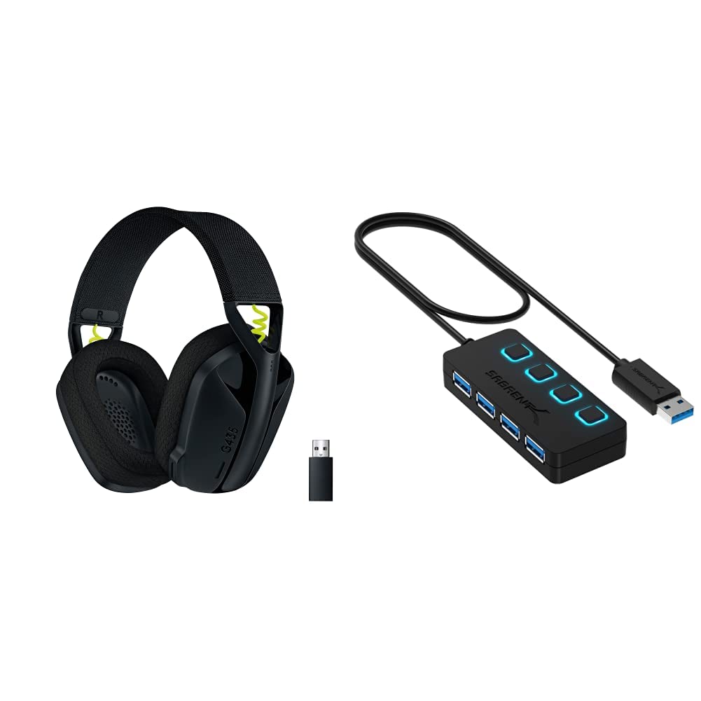 Logitech G435 Lightspeed Kabelloses Bluetooth-Gaming-Headset, Leichte Over-Ear-Kopfhörer - Schwarz & Sabrent USB HUB - 4-Port -USB 3.0 Hub mit einzelnen Power Schalter und LEDs (HB-UM43)