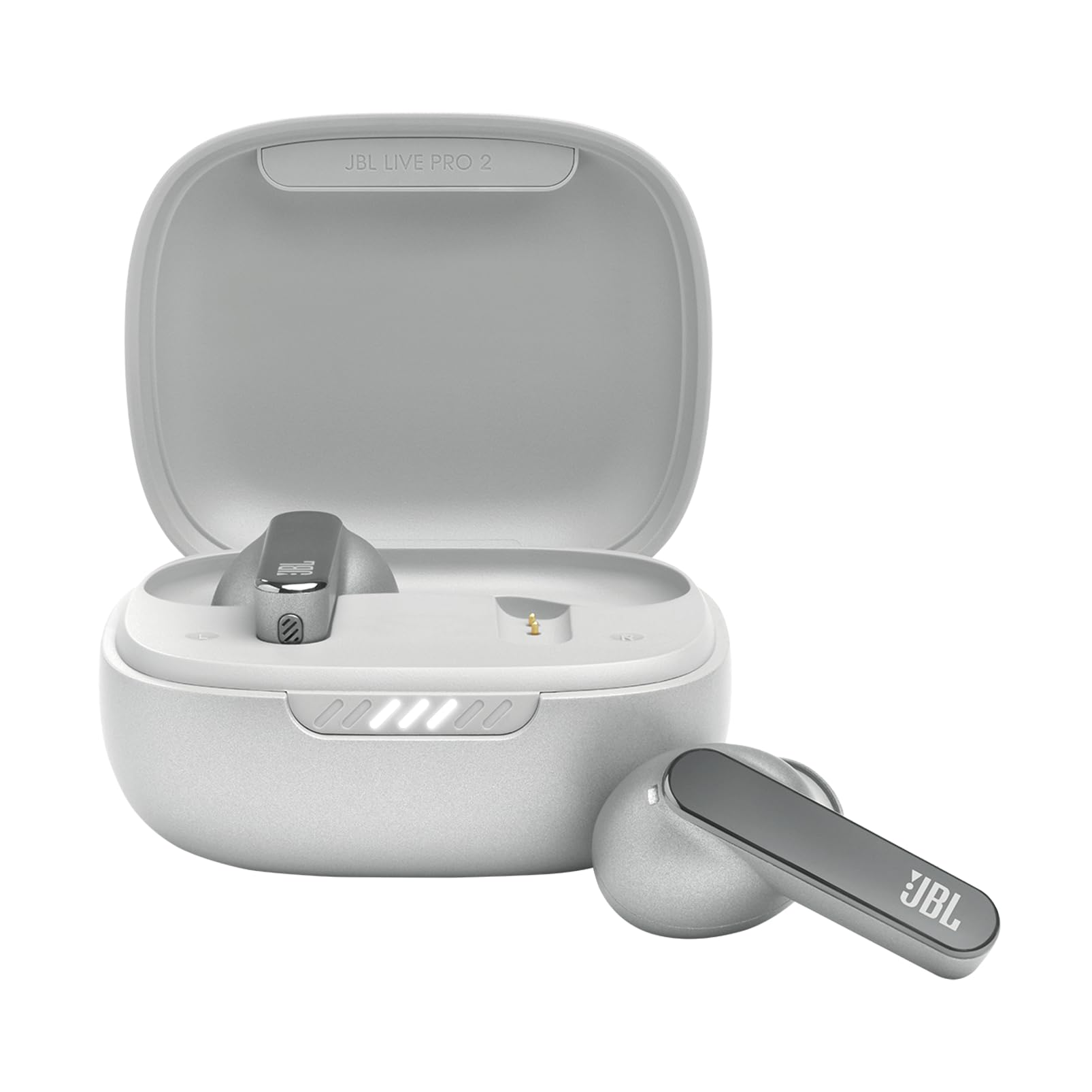 JBL Live Pro 2 - True Wireless Noise Cancelling Earbuds, bis zu 40 Stunden Wiedergabe mit kabellosem Laden, 6 Mikrofone für perfekte Anrufe, Touch- und Sprachsteuerung, IPX5 wasserdicht (Silber)