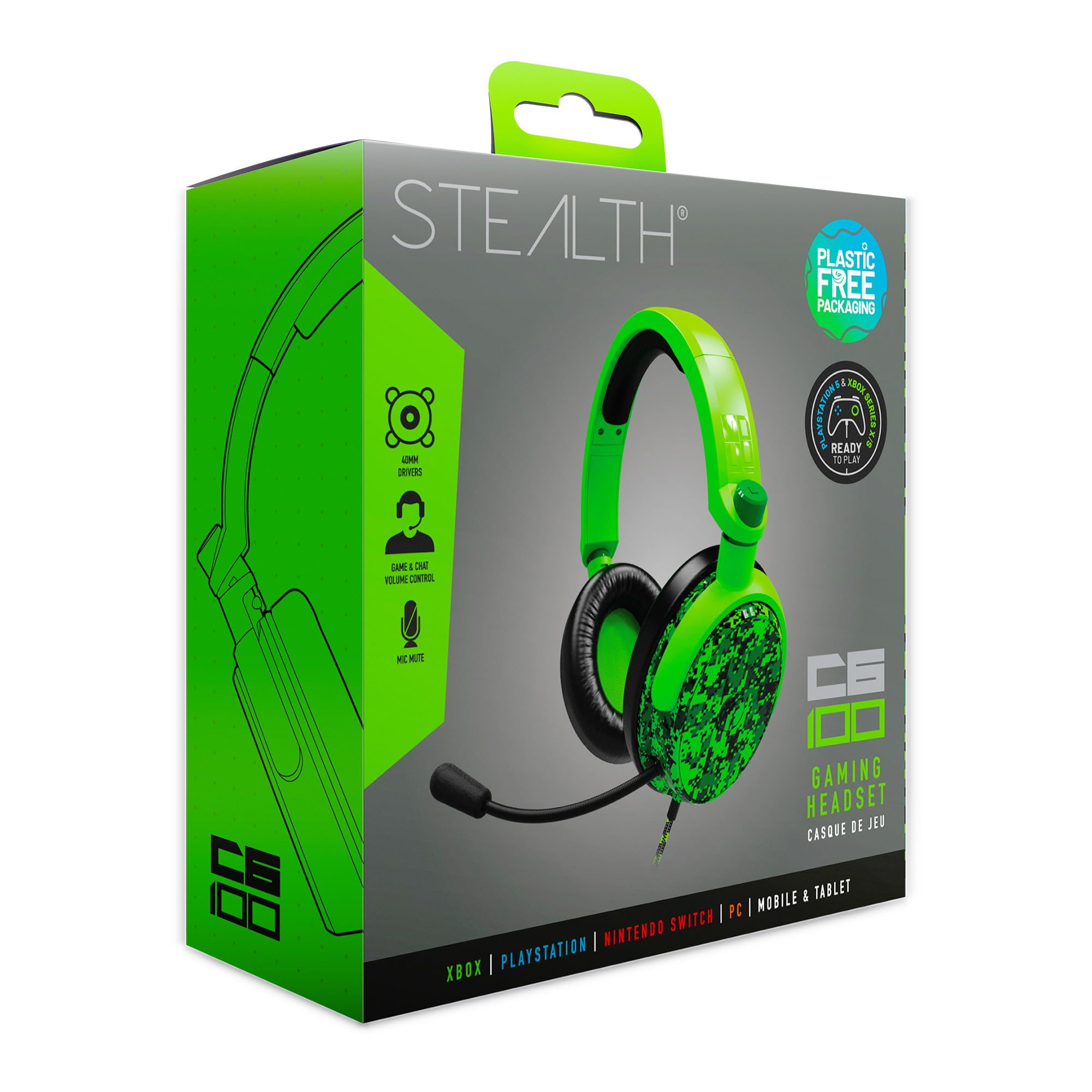 Stealth C6-100 Gaming Headset Neon Green Digital Camo, Multi-Plattform kompatibel mit XBox One, Serie S/X, PS4/5, Handy und Tablet mit leistungsstarken 40-mm-Lautsprechern, 3.5-mm-Klinkenstecker